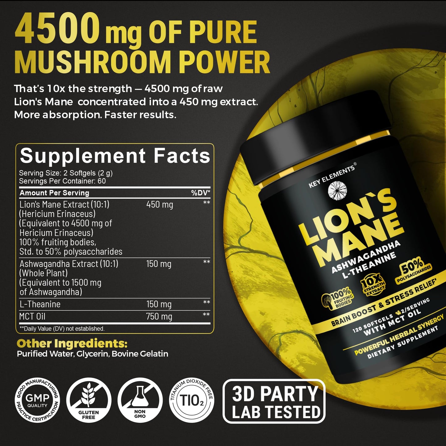 KEY ELEMENTS Lions Mane Supplement Softgels 120 Count