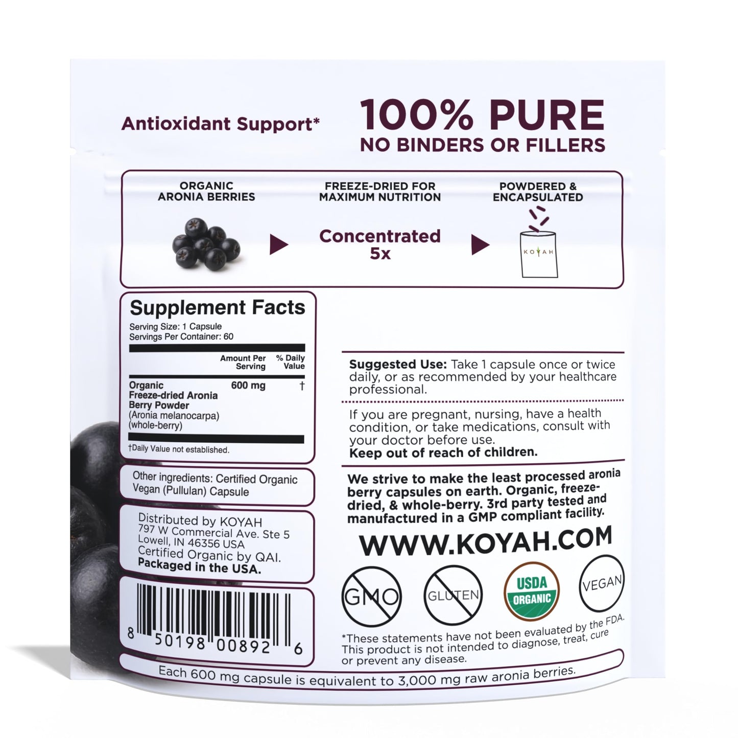 KOYAH Organic Aronia Capsules Capsule, 60 Count