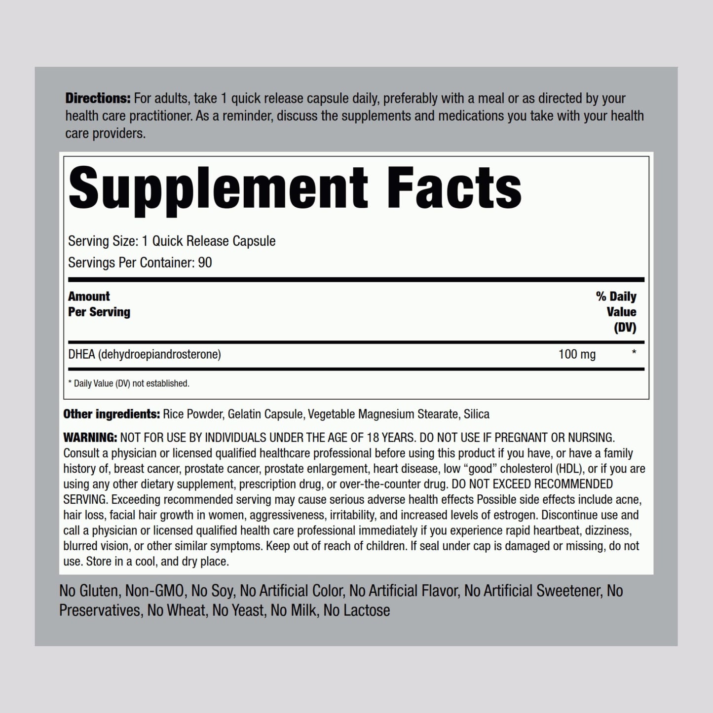 Piping Rock DHEA Supplement 100mg Capsules 90 Count
