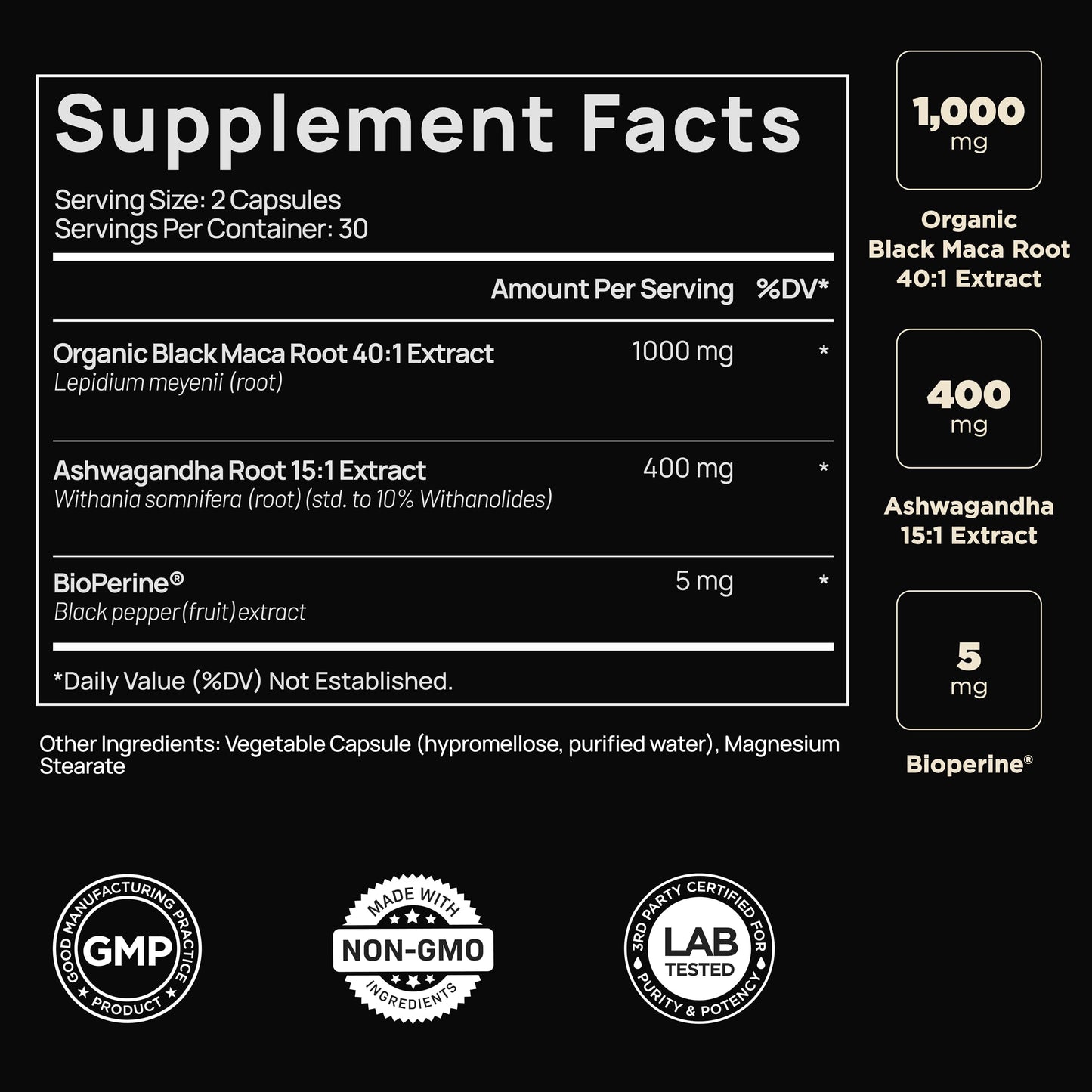TERRA ELMNT 40x Strength Organic Black Maca Root with 15:1 Ashwagandha for Men Capsules, 60 Count