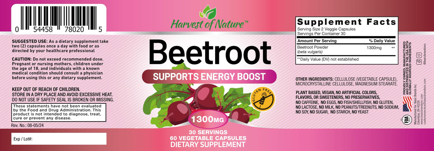 Harvest of Nature Beet Root Supplement 1300mg Beet Root Capsules, 60 Capsules