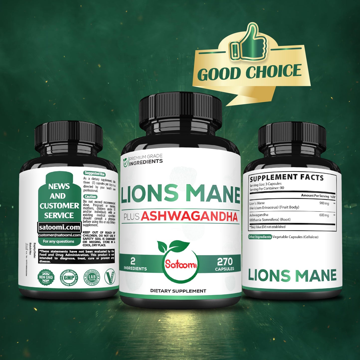 Satoomi Lions Mane Supplement Capsules with Ashwagandha, 90 Capsules
