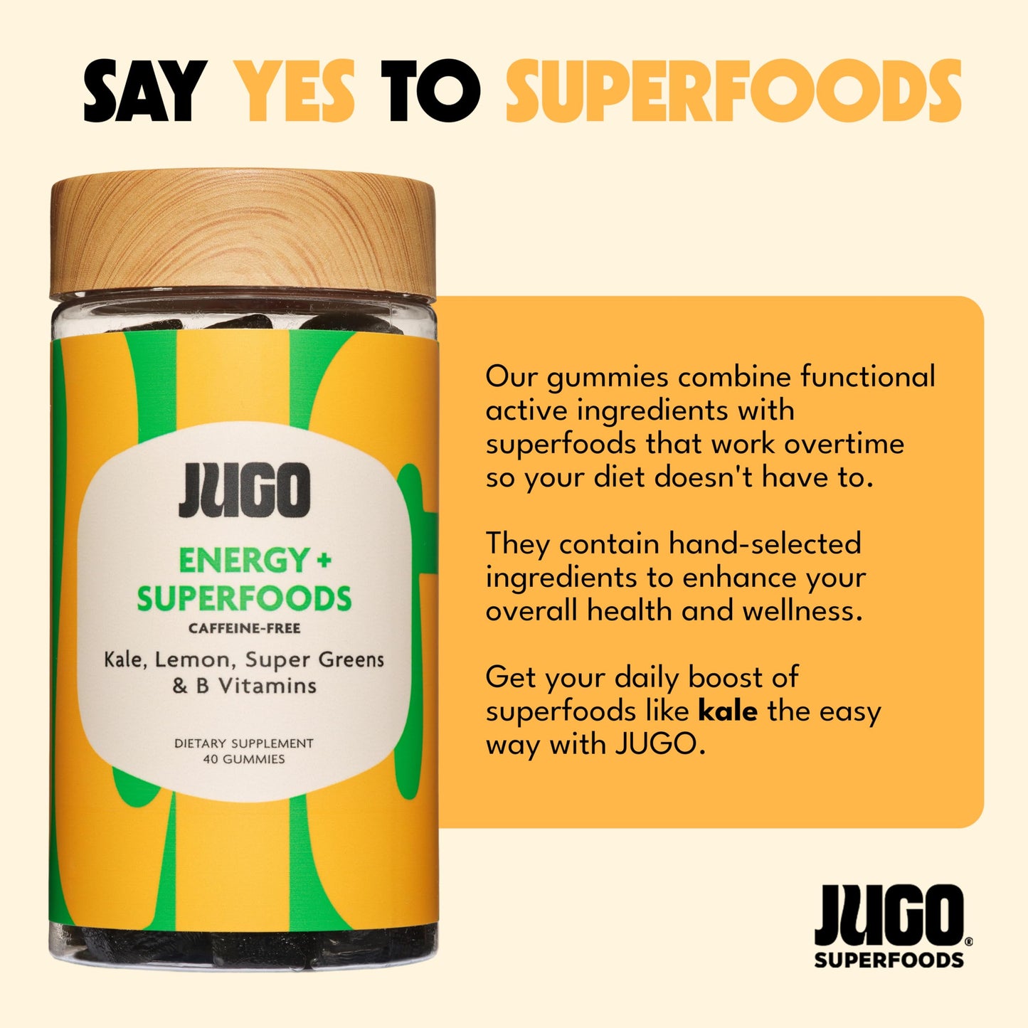 JUGO LLC Energy + SUPERFOODS Vitamin B12 Gummies with Kale & Super Greens, Caffeine-Free Pre-Workout Energy Gummies, 40 Count