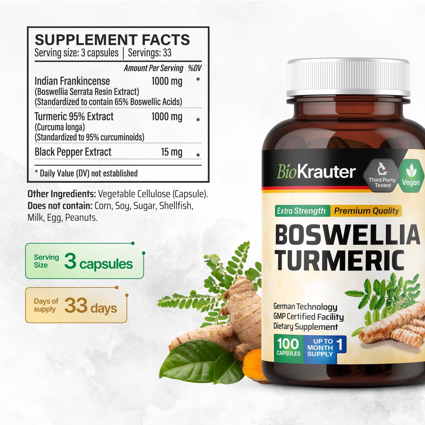 BIO KRAUTER Turmeric Curcumin Supplement with Boswellia for Mobility Support - Vegan Turmeric with Black Pepper & Boswellia Extract 100 Capsules