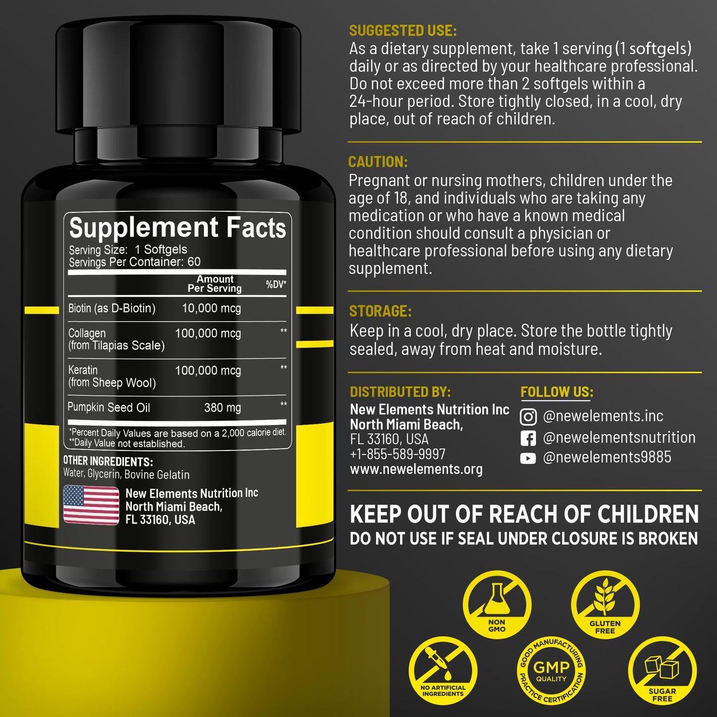 New Elements Biotin Supplement 10000mcg with Collagen Peptides Keratin and Pumpkin Seed Oil Softgels, 60 Count