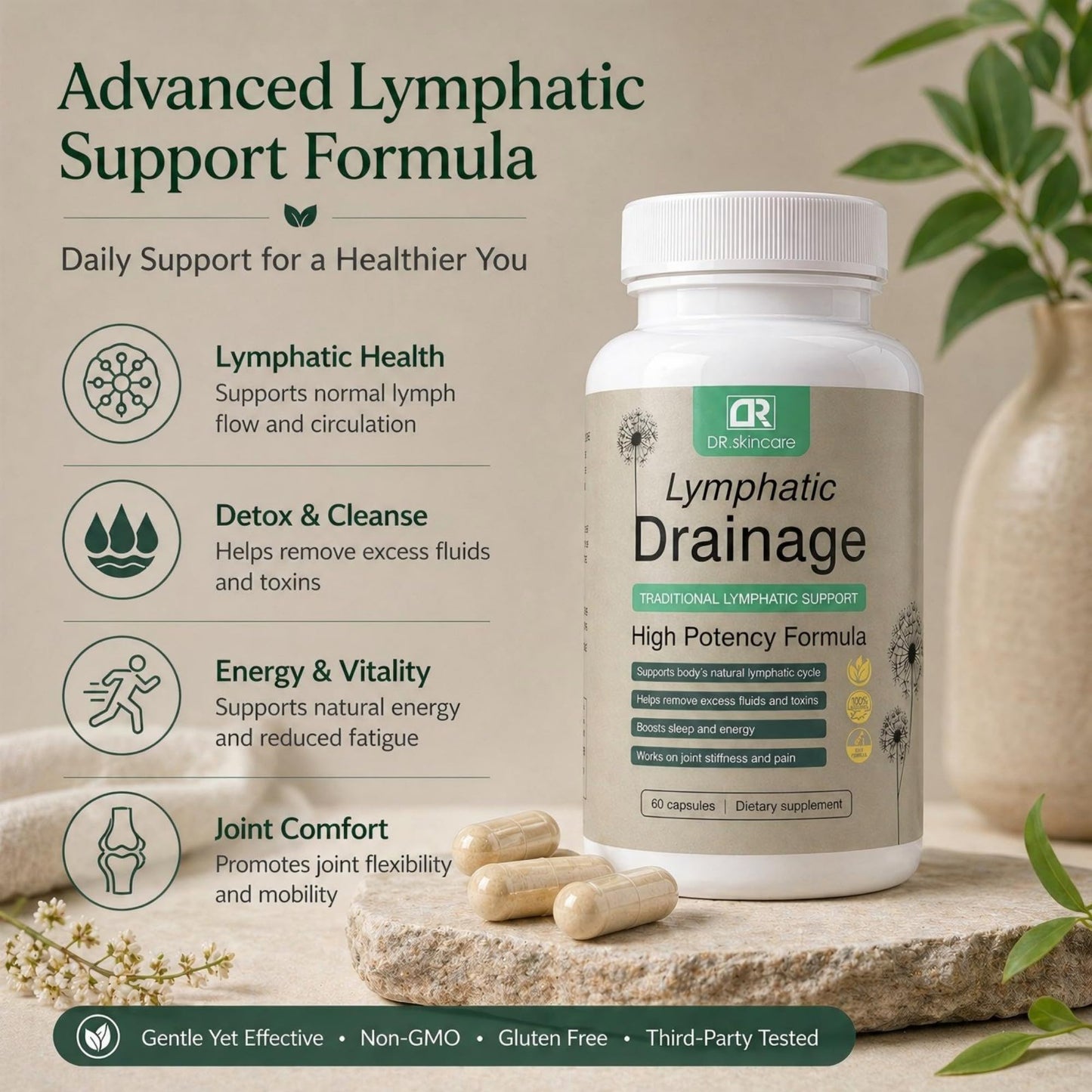 DR. SKIN CARE Lymphatic Drainage Support Supplement for Women and Men – Daily Wellness Softgels with Echinacea, Dandelion, Burdock Root, Cleavers – 60 Count