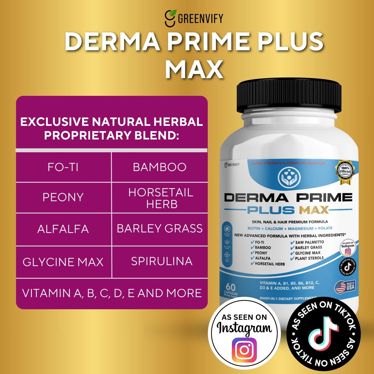 GREENVIFY Derma Prime Plus Max Hair Skin Nail Supplement Capsules, 60 Count