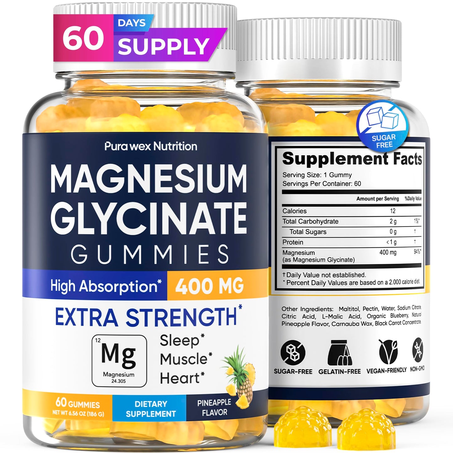 PURA WEX NUTRITION Magnesium Glycinate Gummies 400mg, High Absorption Magnesium Supplement for Women, Men and Kids, Sugar Free, Vegan, 60 Gummies