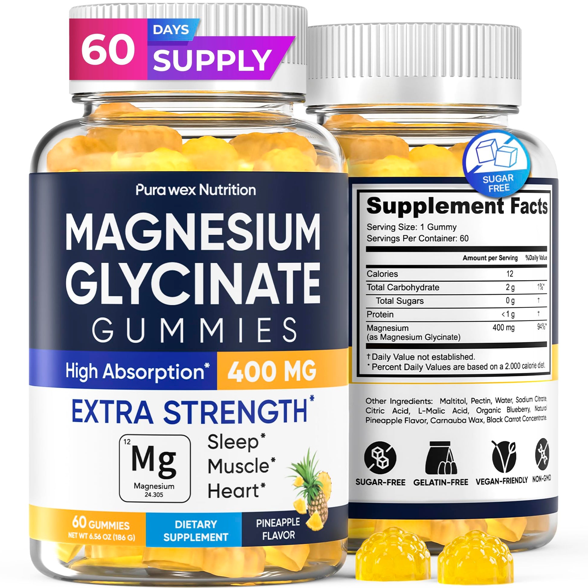 PURA WEX NUTRITION Magnesium Glycinate Gummies 400mg, High Absorption Magnesium Supplement for Women, Men and Kids, Sugar Free, Vegan, 60 Gummies