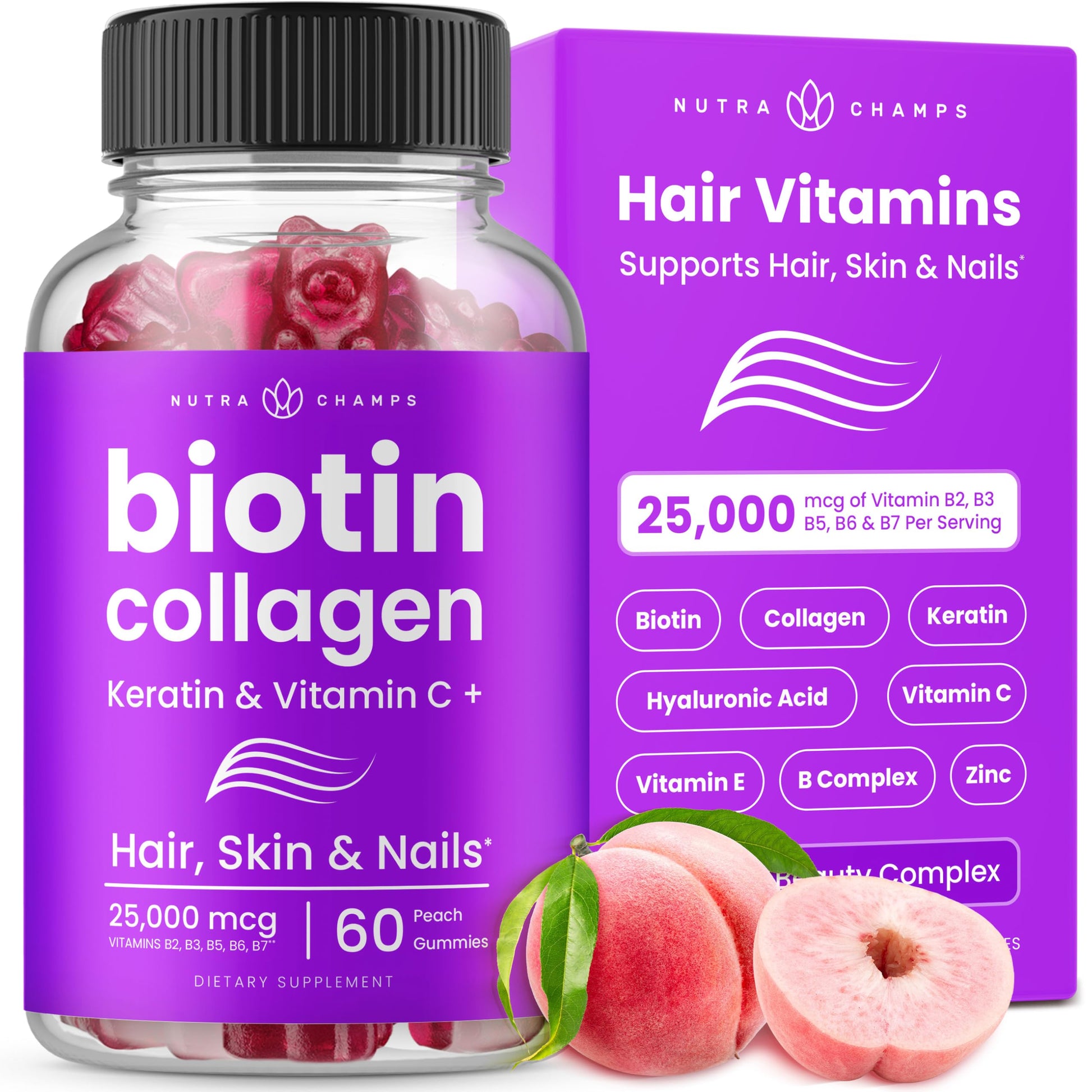 NutraChamps Biotin Gummies 10,000mcg with Collagen, Keratin & More – Hair Skin and Nails Vitamins for Women & Men – 60 Count