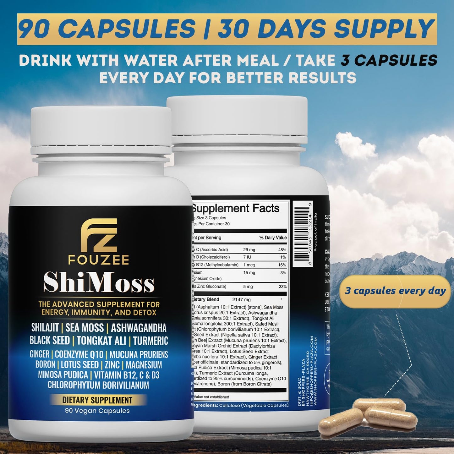 FOUZEE ShiMoss Supplement with Shilajit Capsules 90 Count