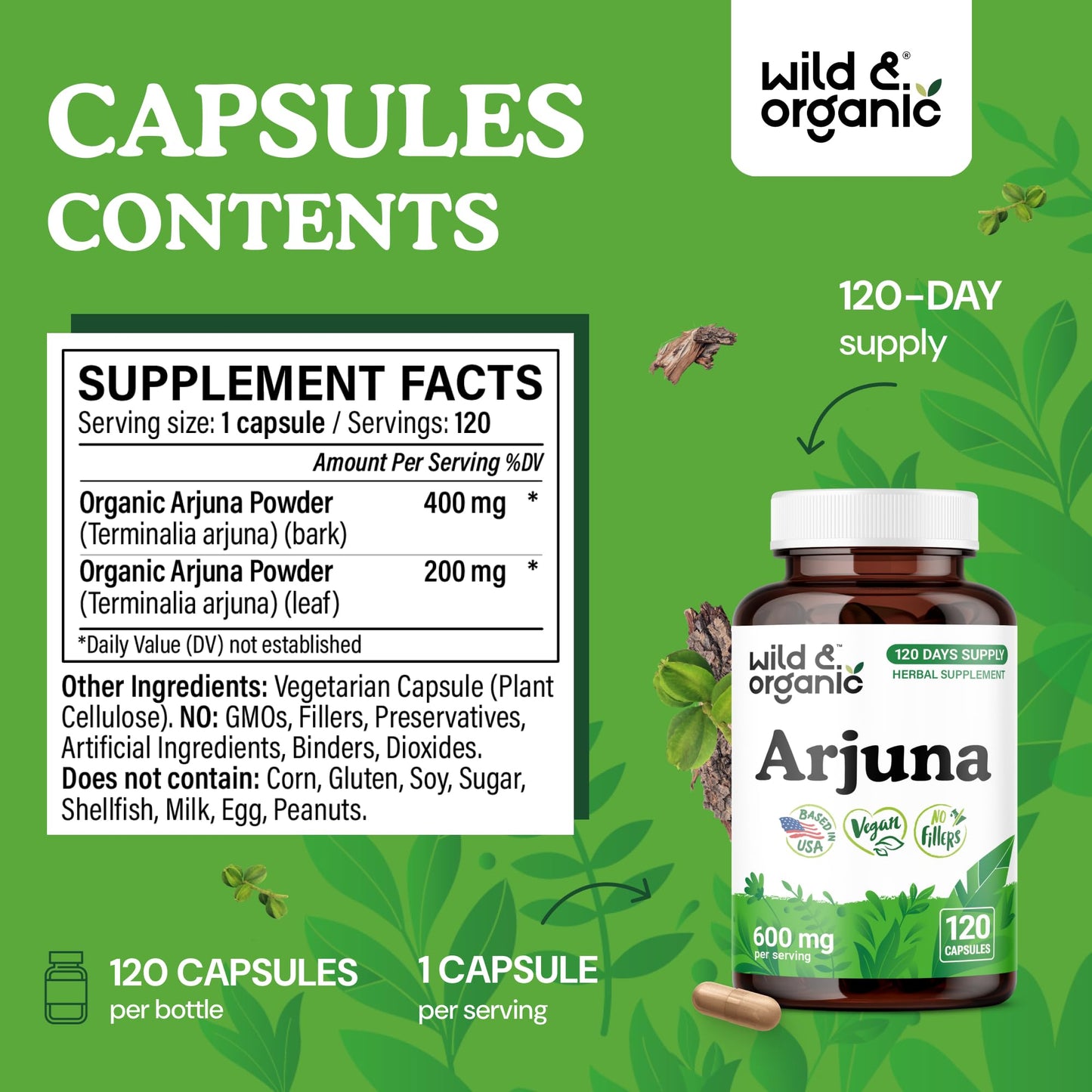 Wild & Organic Arjuna Bark Capsules 120 Count