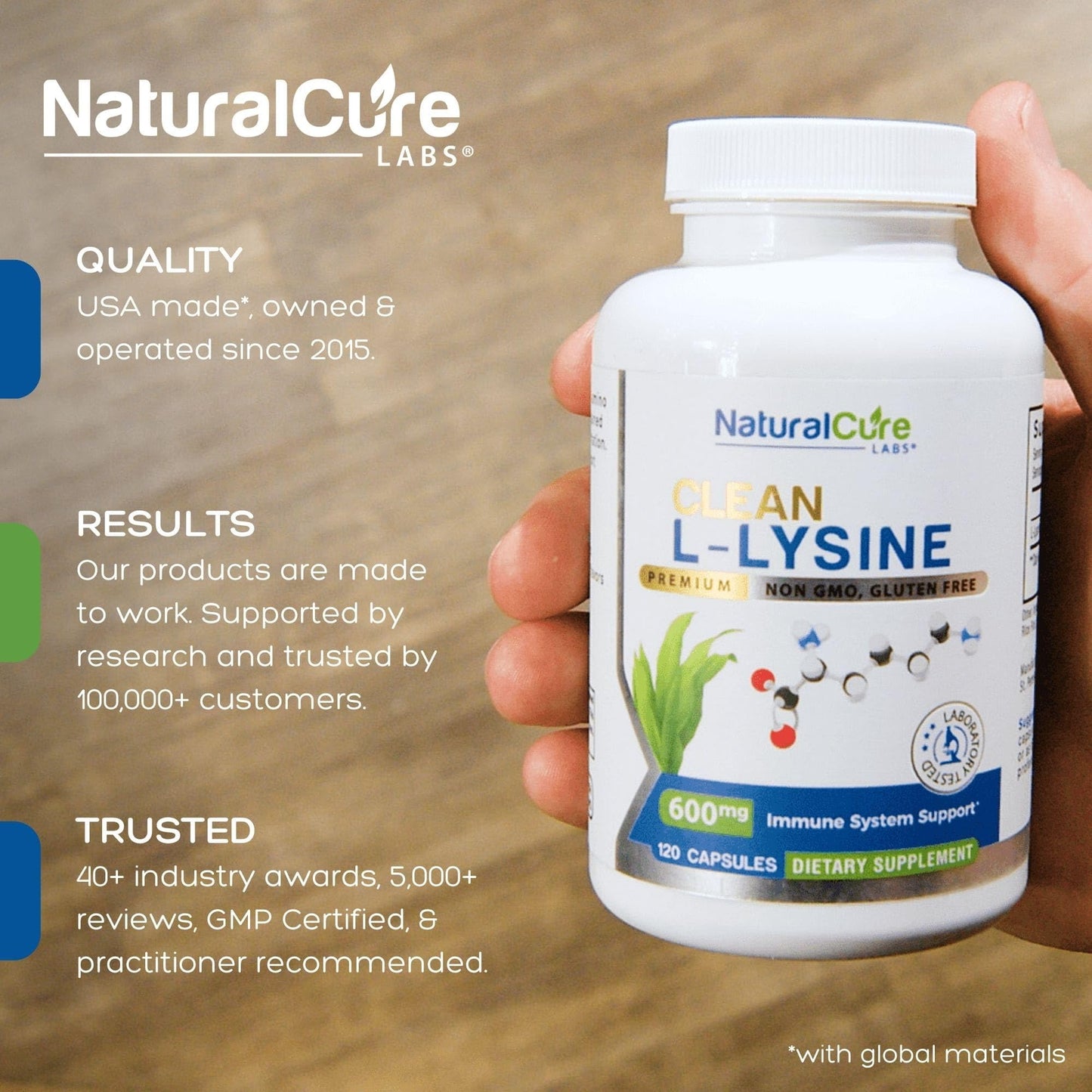 Natural Cure Labs Clean L-Lysine 600mg, 120 Capsules