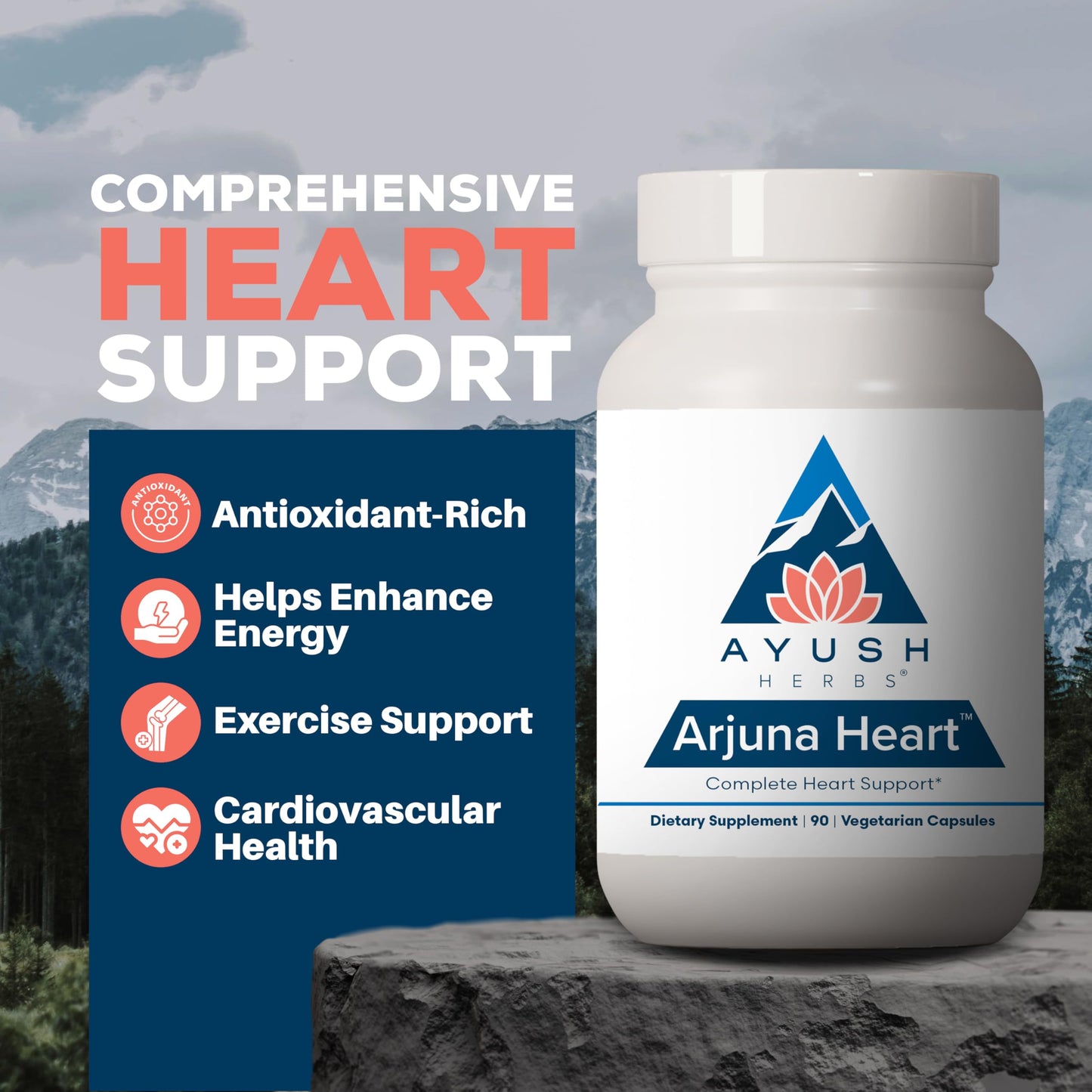 Ayush Herbs Arjuna Heart - Complete Heart-Support Supplement, Natural Arjuna, Magnesium & CoQ10 Formula for Women & Men Capsules, 90 Count