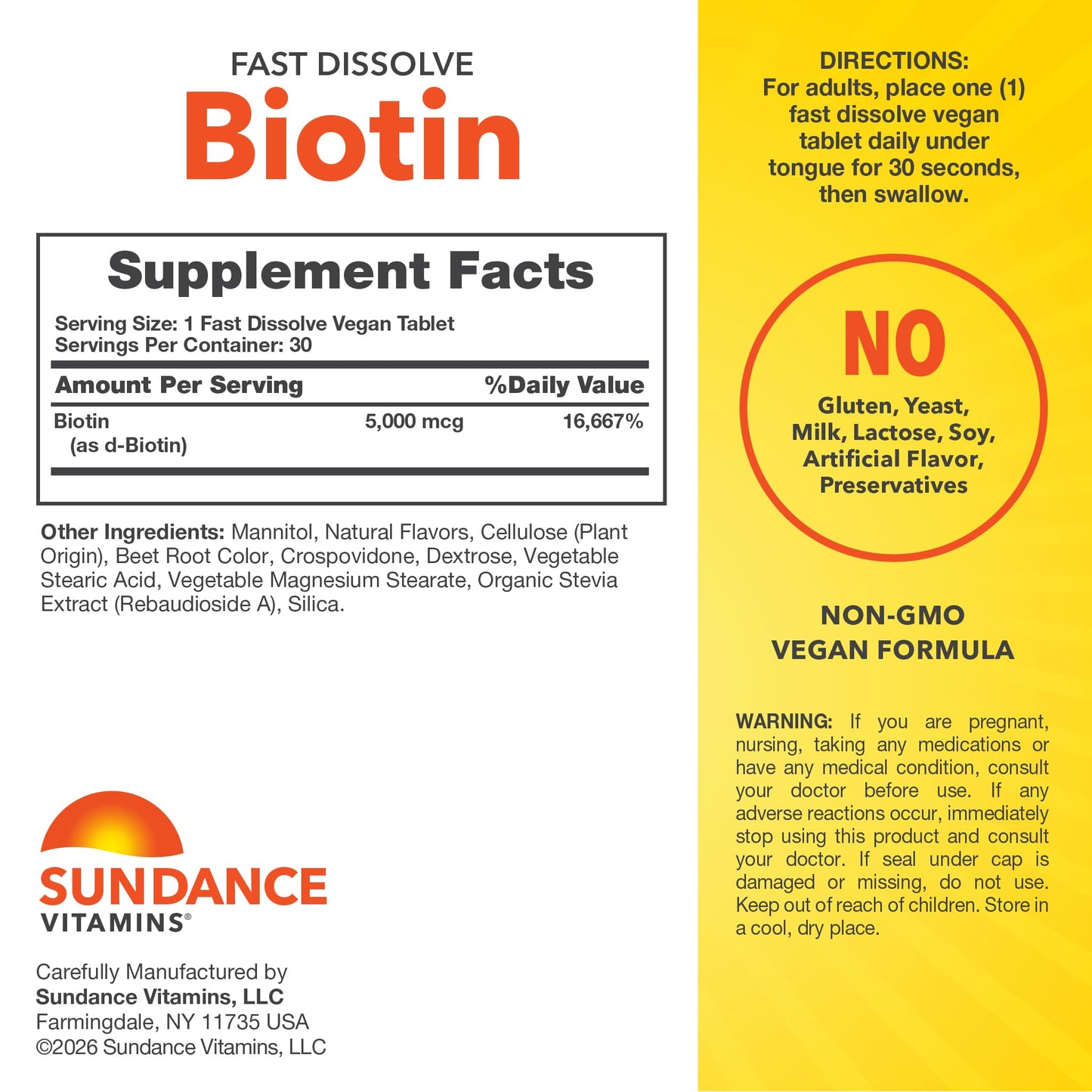 Sundance Biotin 5000mcg Fast Dissolve Tablets, 30 Count