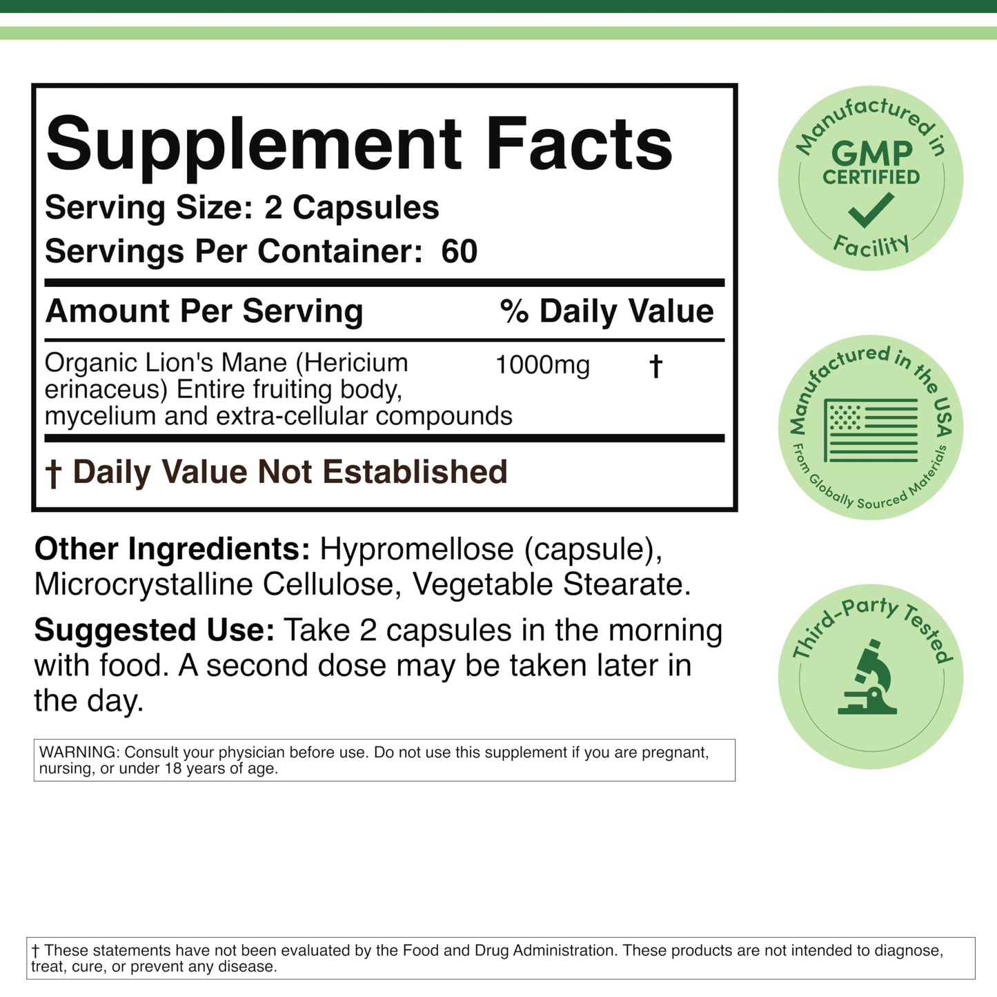 Double Wood Supplements Organic Lion's Mane Mushroom 1000mg Capsule, 120 Capsules