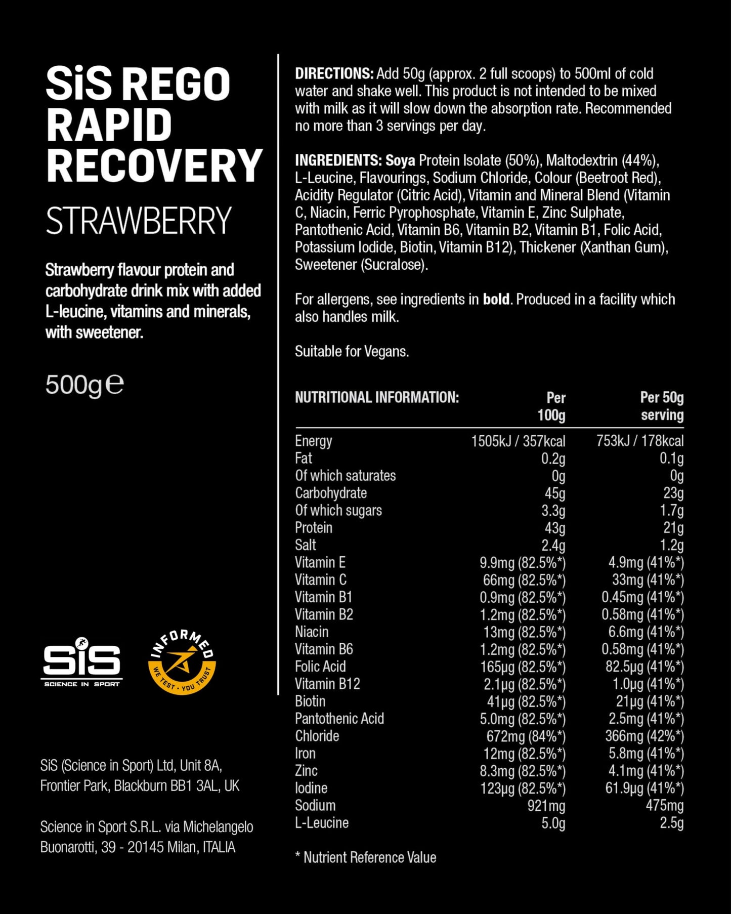 Science in Sport REGO Rapid Recovery Protein Powder, 17.6 oz