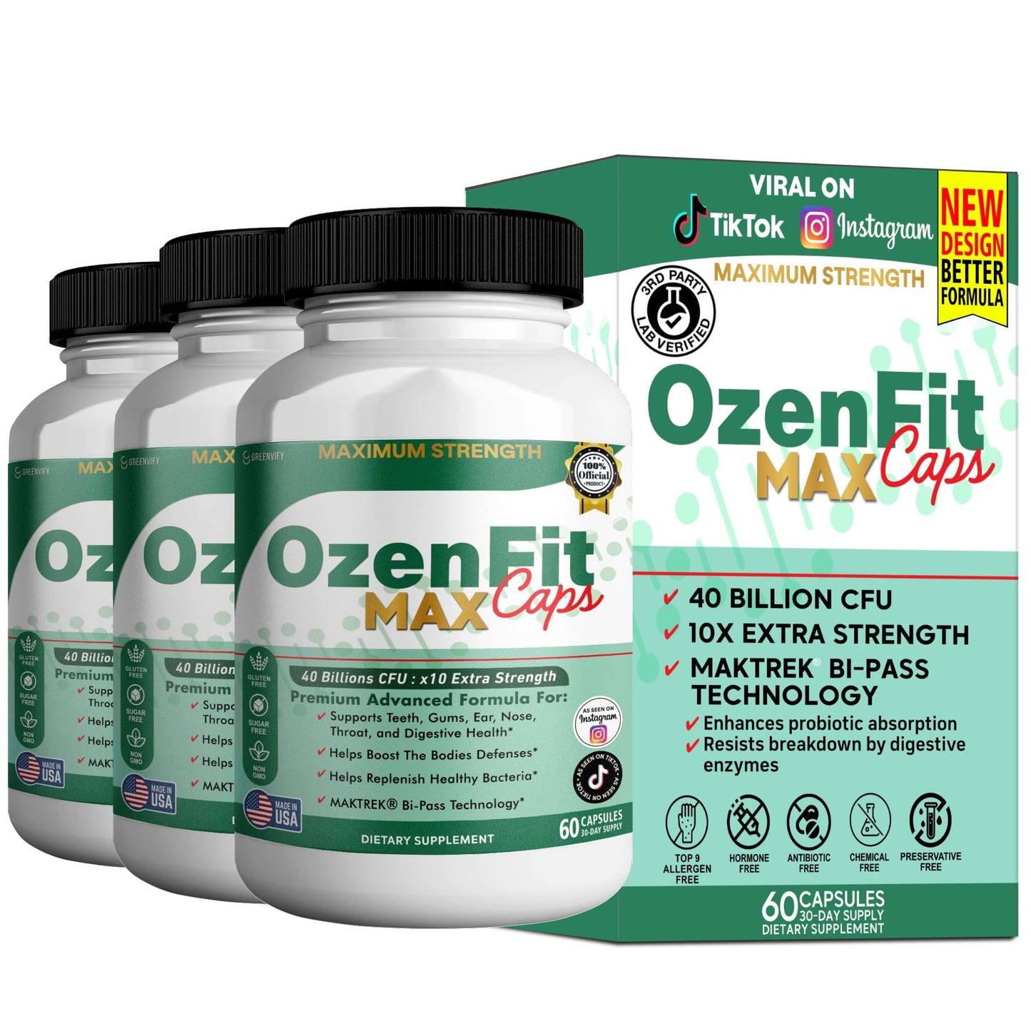 GREENVIFY OzenFit Caps Max Probiotic Supplement 40 Billion CFU, MAKTREK Bi-Pass Technology, 60 Capsules