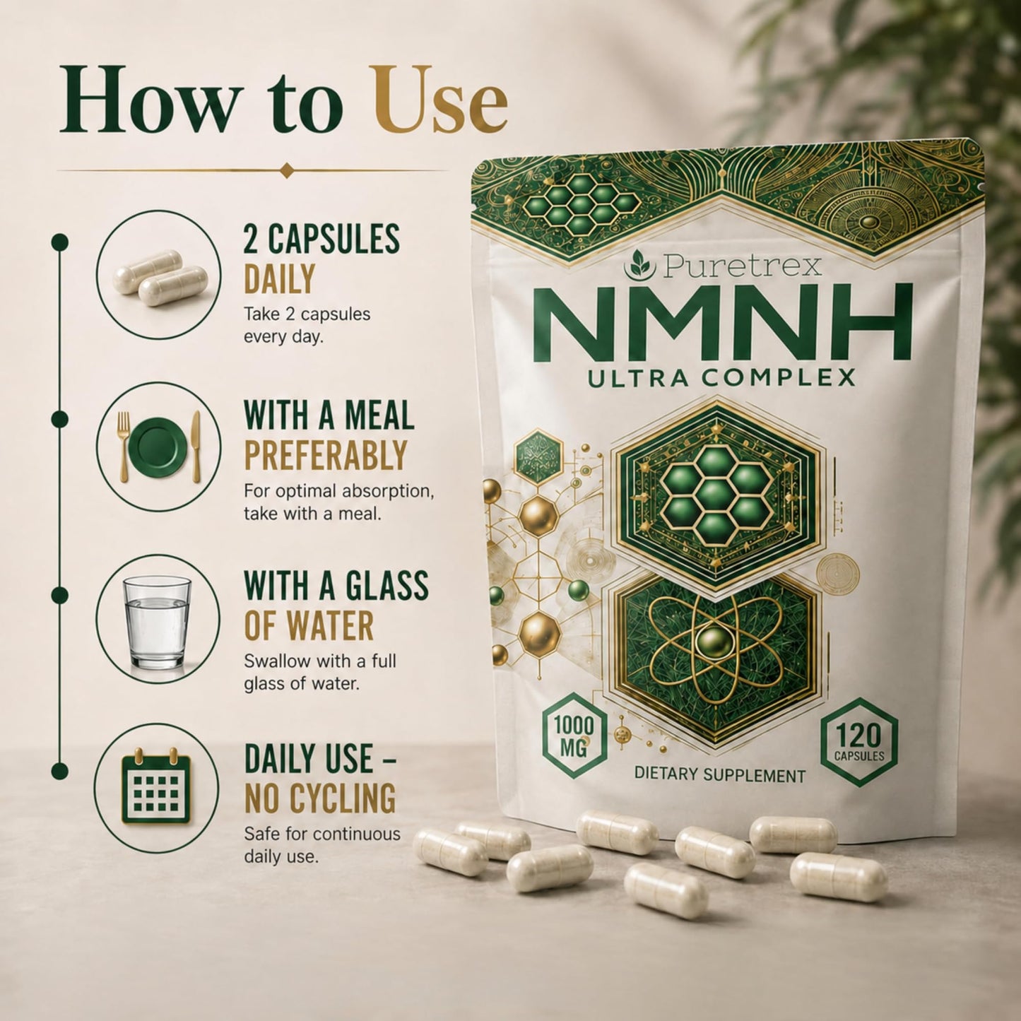 PURETREX NMNH Ultra Complex 1000mg, Quercetin, CoQ10, 120 Vegan Capsules