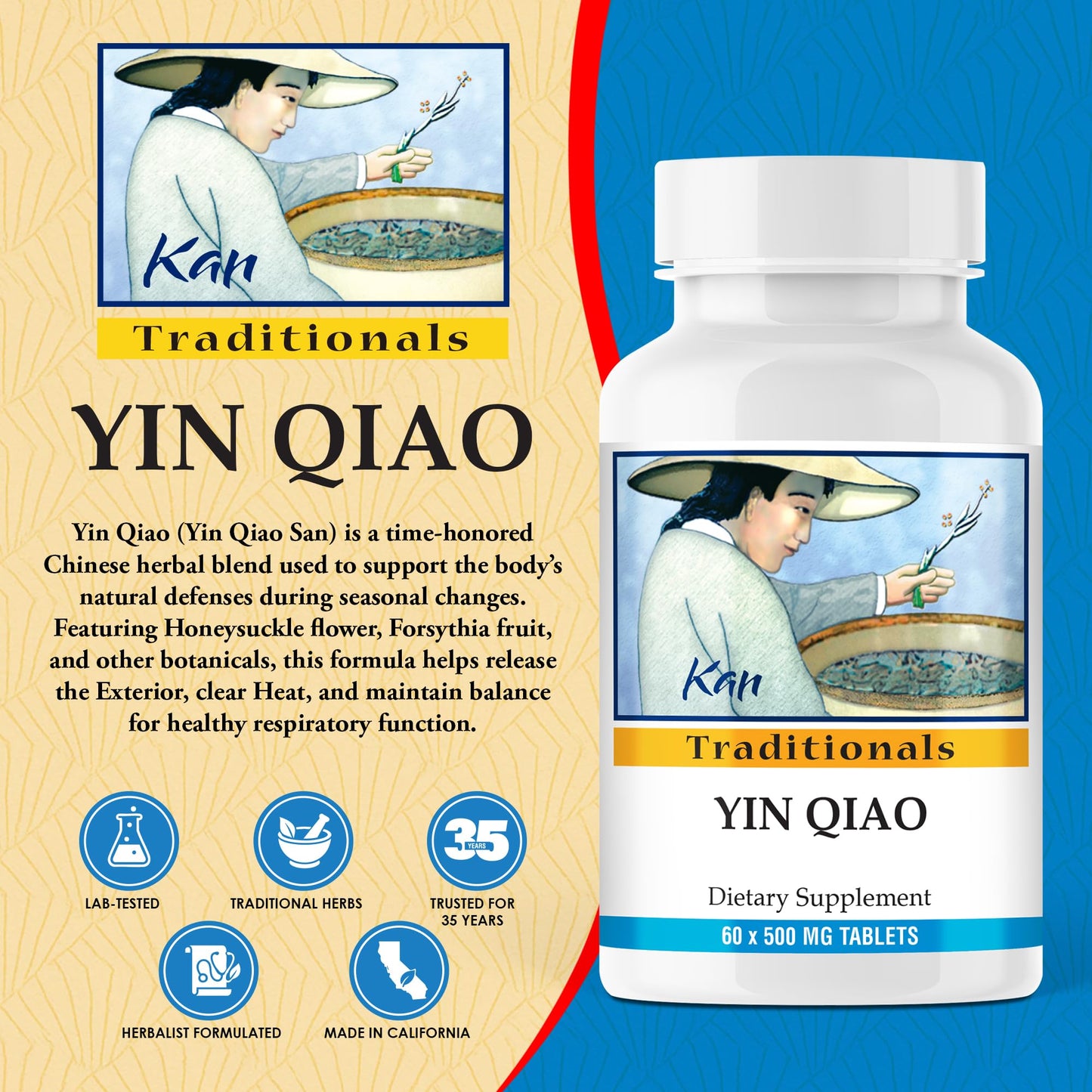 Kan Herbs Yin Qiao Formula – Traditional Chinese Herbal Blend with Honeysuckle & Forsythia for Seasonal Balance and Respiratory Wellness, 60 Tablets