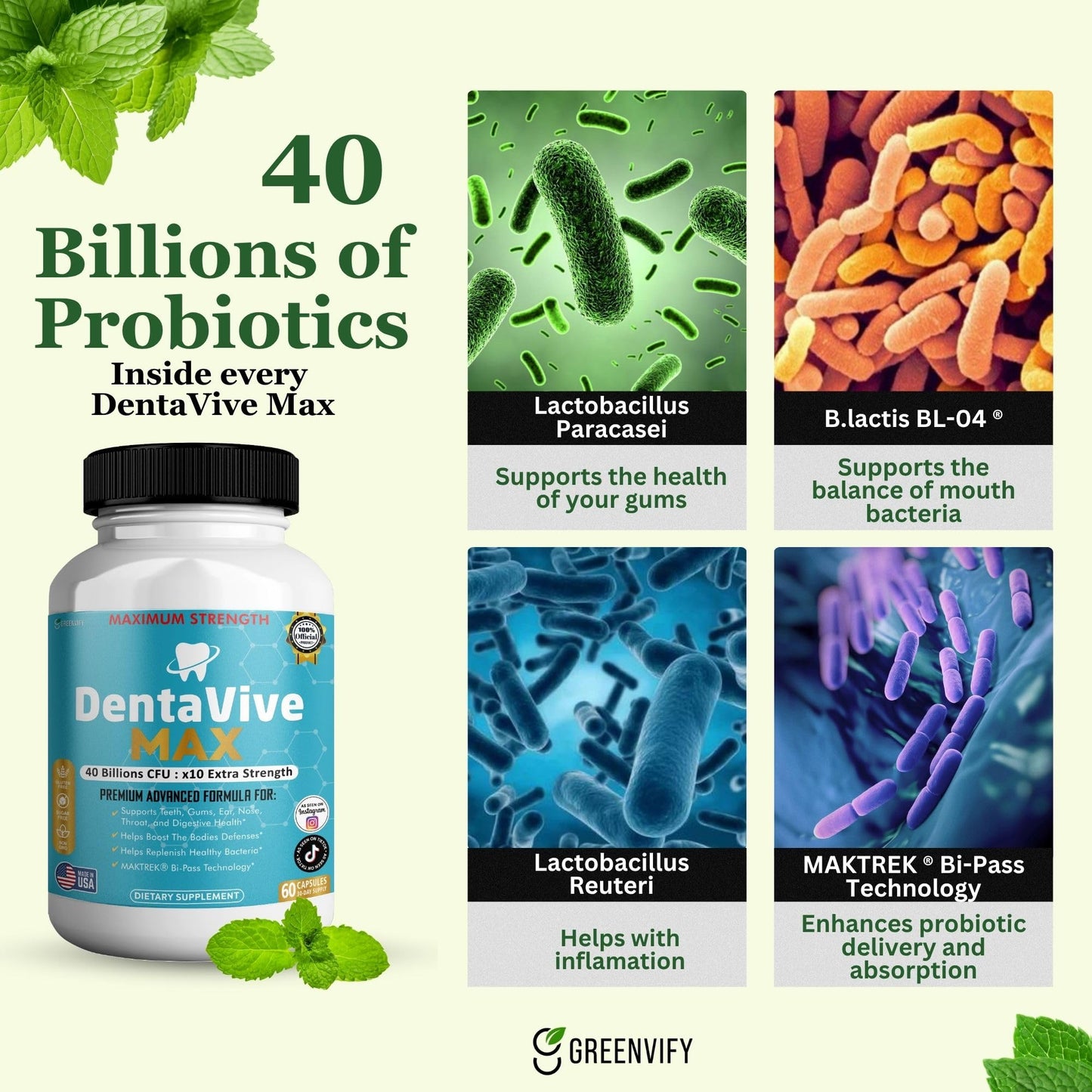 GREENVIFY DentaVive Max Probiotic Supplement Capsule, 60 Capsules