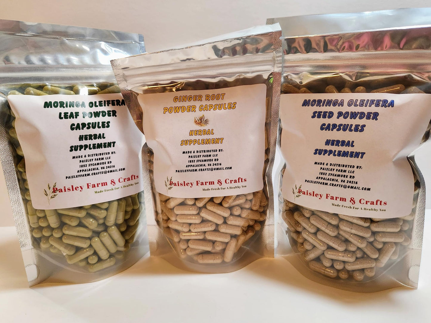 Paisley Farm and Crafts Ginger Root, Moringa Leaf and Seed Capsule and Powder, 900