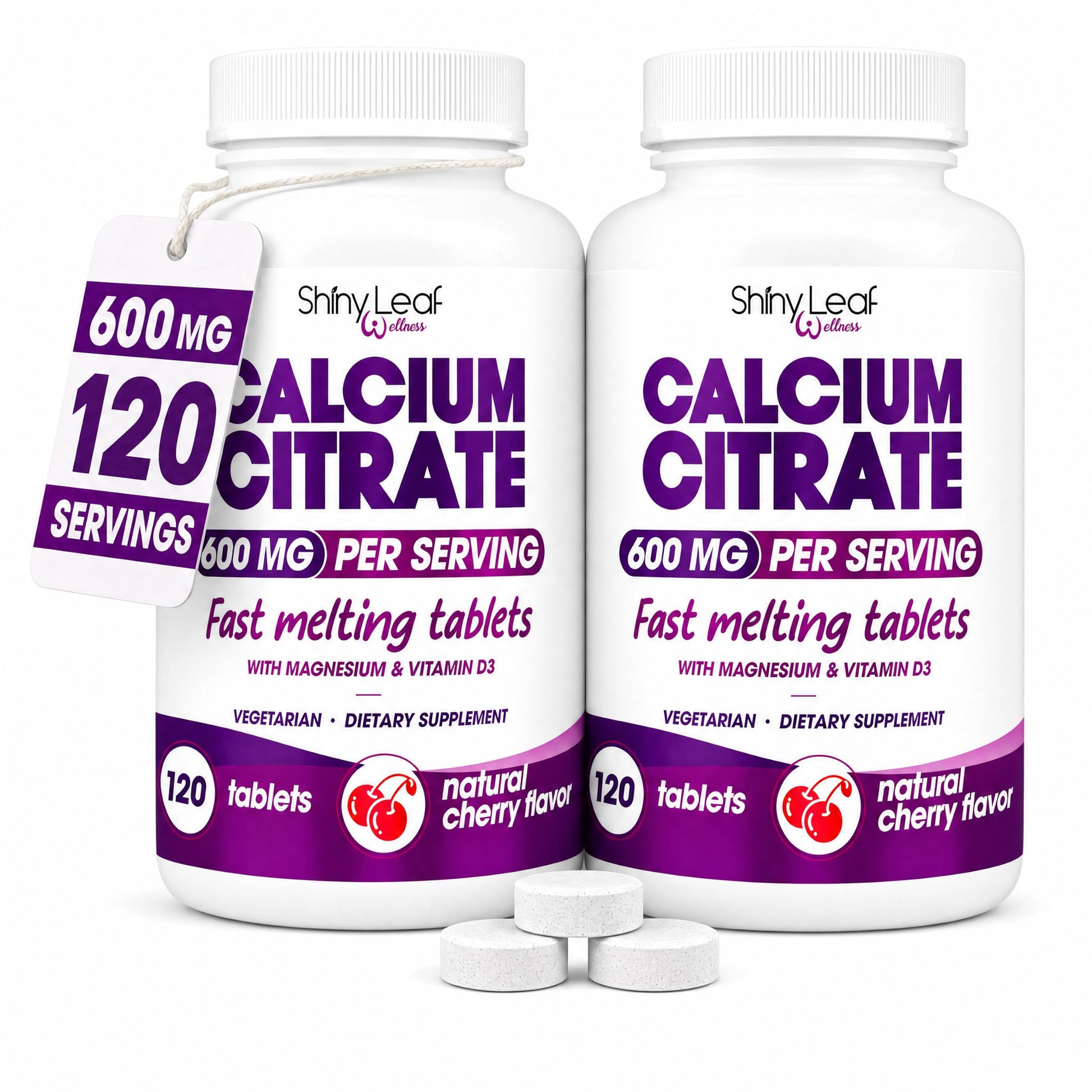 Shiny Leaf Calcium Citrate 600mg with Magnesium, Cherry Flavor, 240 Tablets