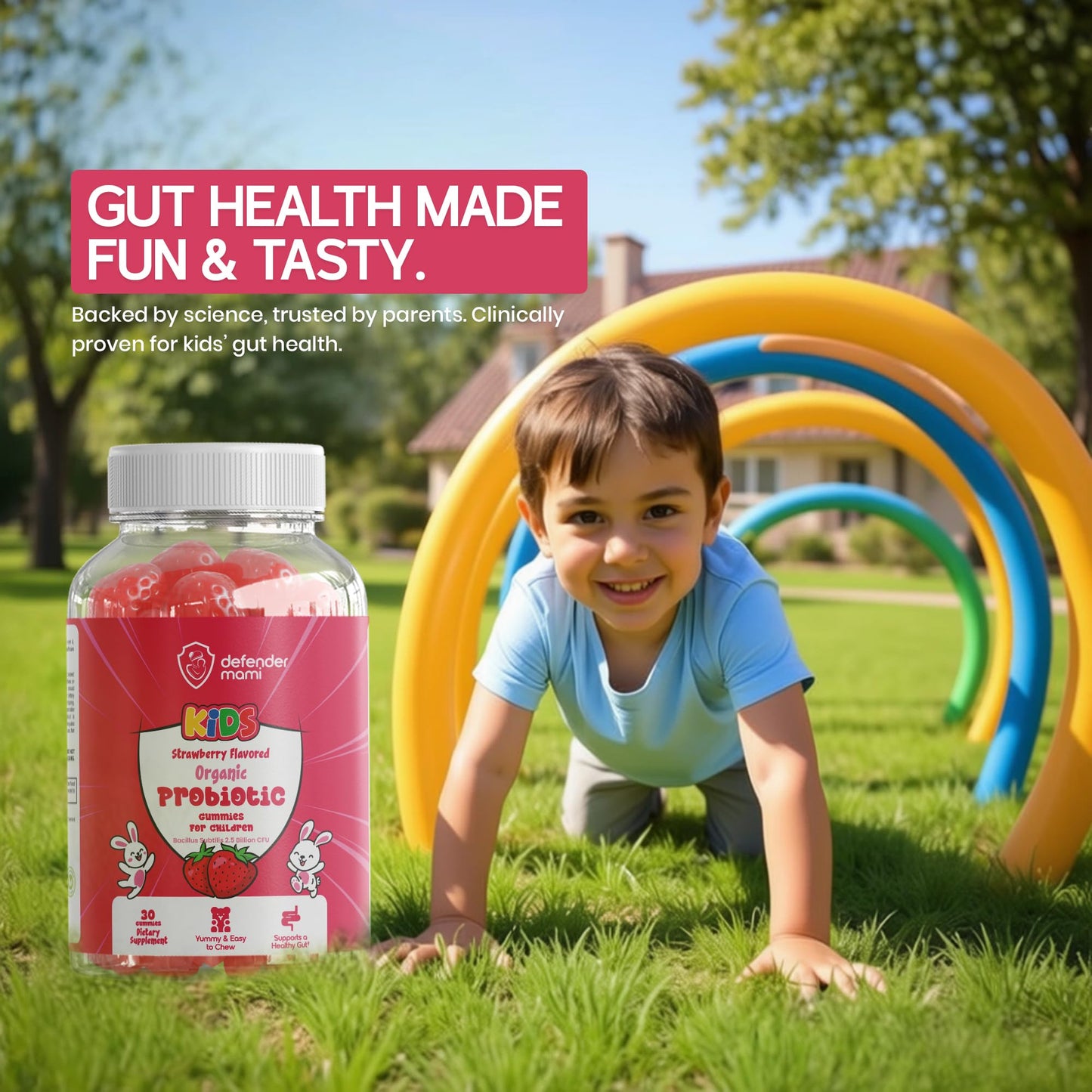 Defender Mami Kids Organic Probiotic Gummies 2.5 Billion CFU – Strawberry Flavor – Digestive & Immune Support for Children – Vegan, Non-GMO – 30 Gummies