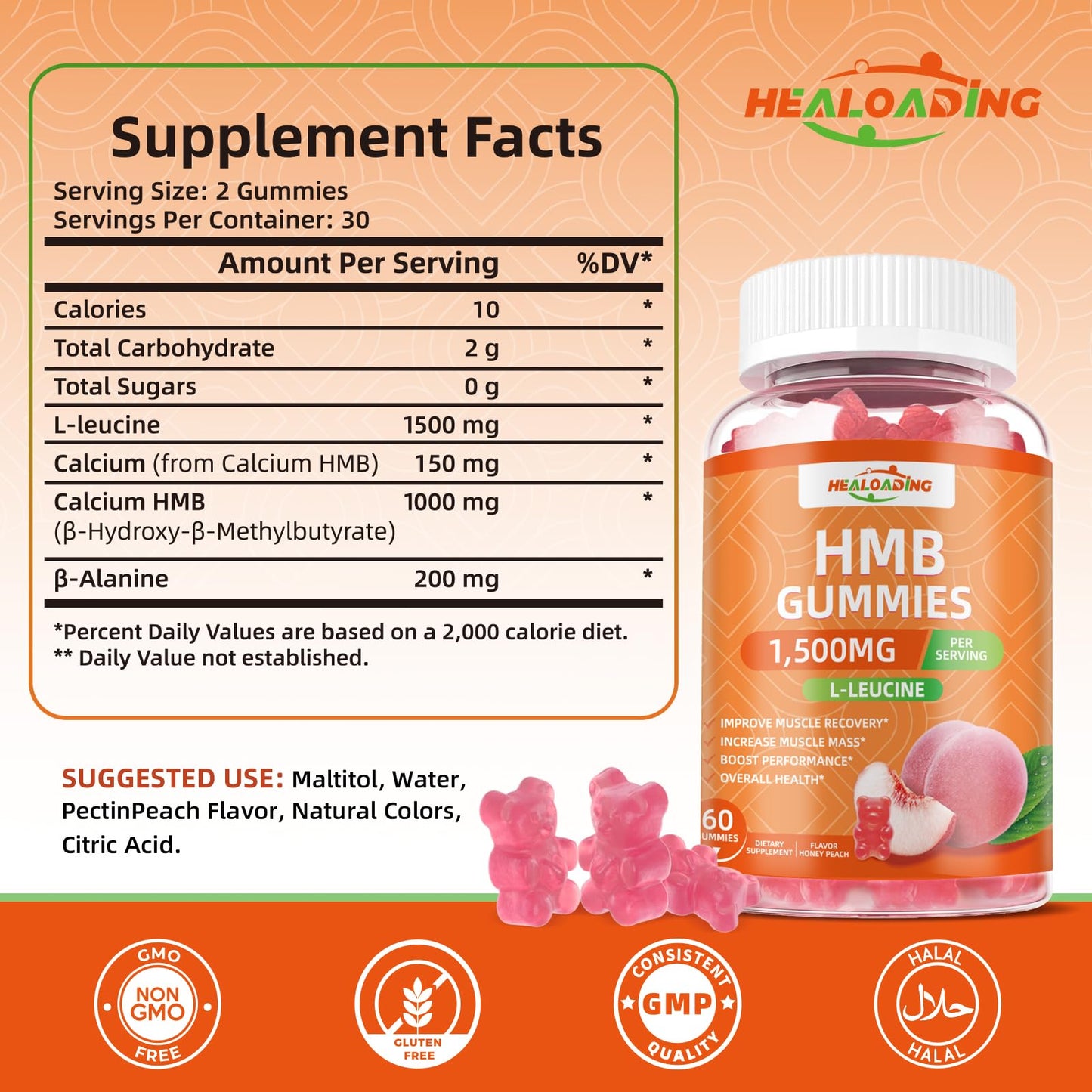 HEALOADING HMB and Leucine Gummies, 60 Gummies