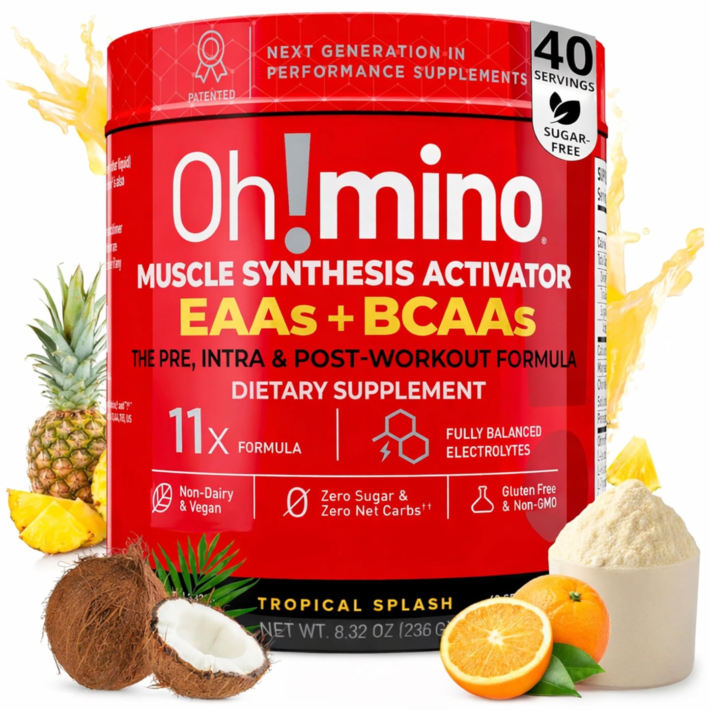 Oh!mino BCAA + EAA Powder, Amino Acid Supplement, Tropical, 8.32 Ounce