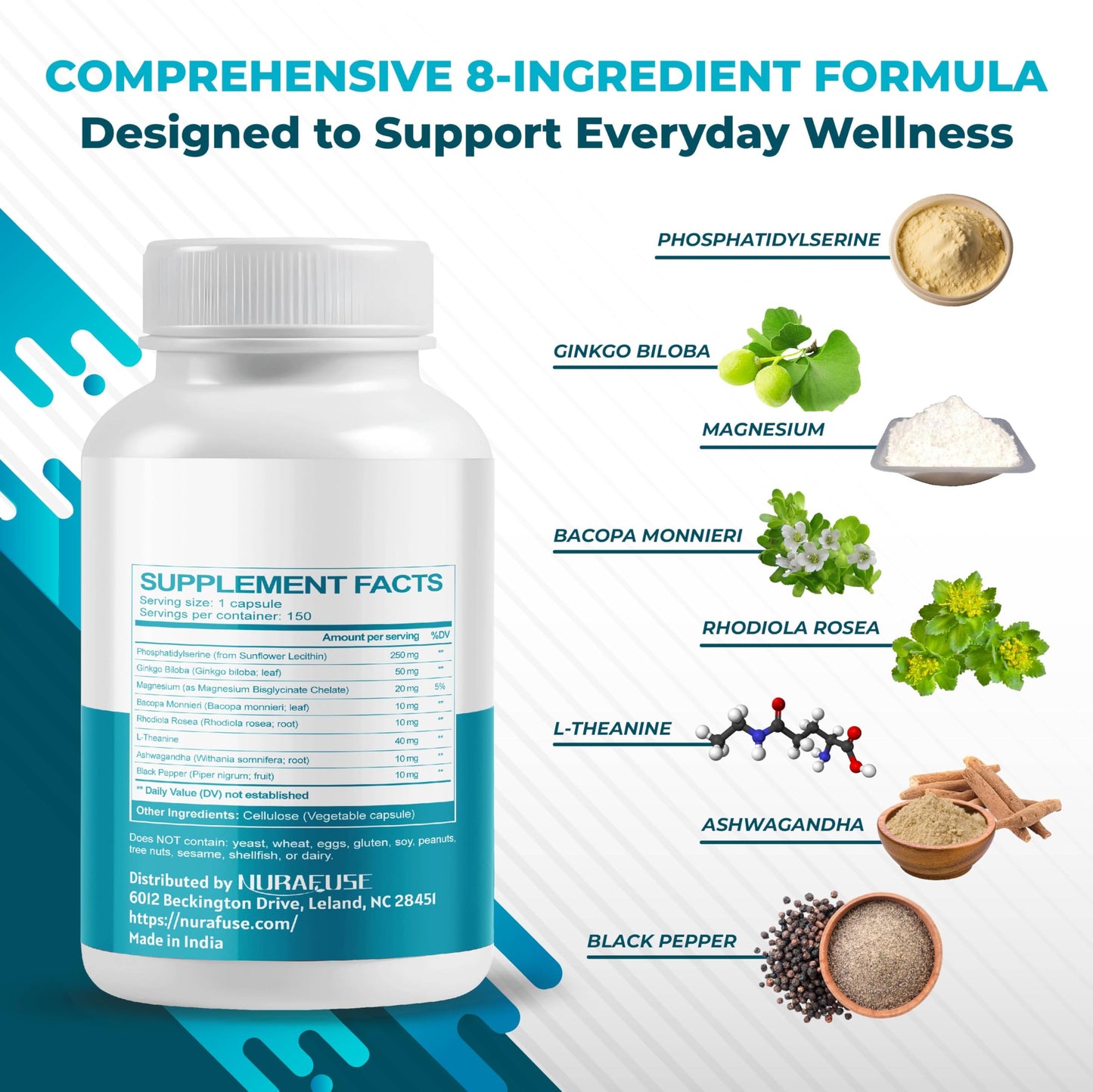 NURAFUSE High Potency Phosphatidylserine with Ginkgo Biloba, Magnesium, L-Theanine, Ashwagandha & Black Pepper Capsules, 150 Count