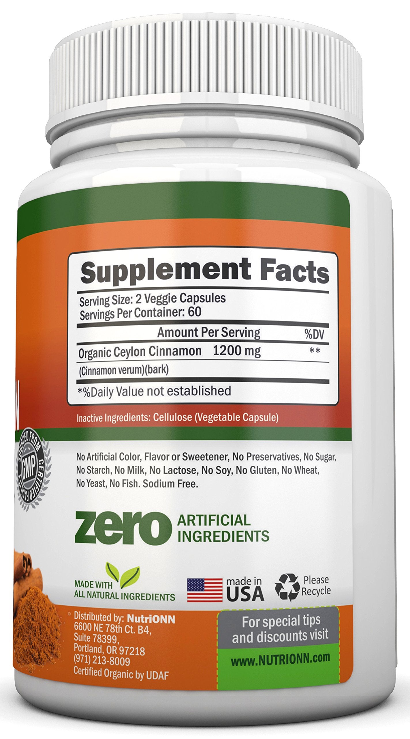 NutriONN Organic Ceylon Cinnamon 1200 mg Capsules, 120 Count