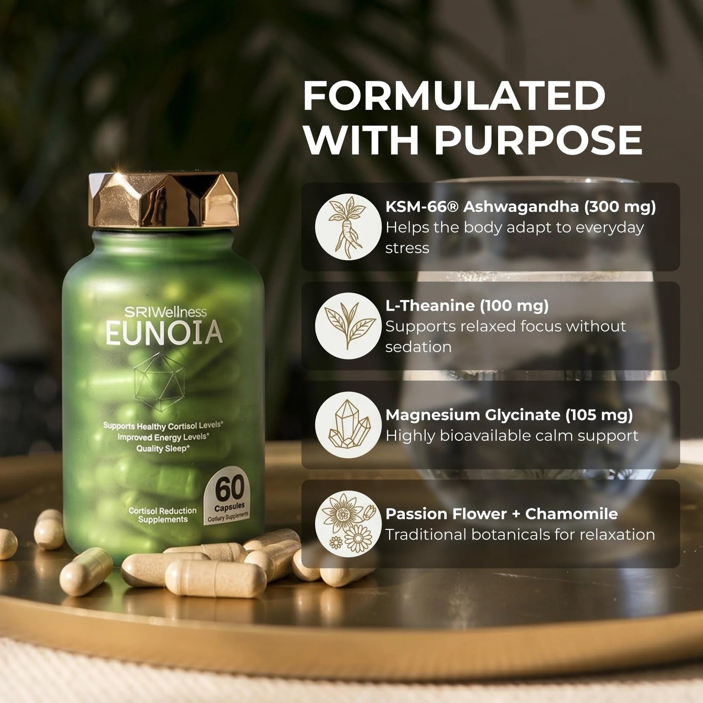Skin Research Institute SRIWellness EUNOIA Cortisol Supplement – Organic KSM-66® Ashwagandha 300mg, L-Theanine, Magnesium Glycinate – Supports Healthy Cortisol Levels, Quality Sleep & Energy – 60 Capsules