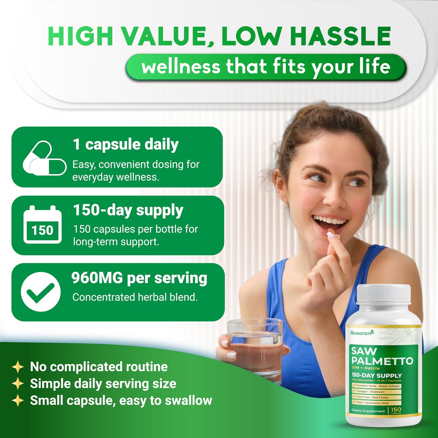 NUSORAN Ultra Saw Palmetto - 13-in-1 with DIM, Nettle, Pumpkin Seed, Collagen, Vitex - Max Absorption, 150 Capsules