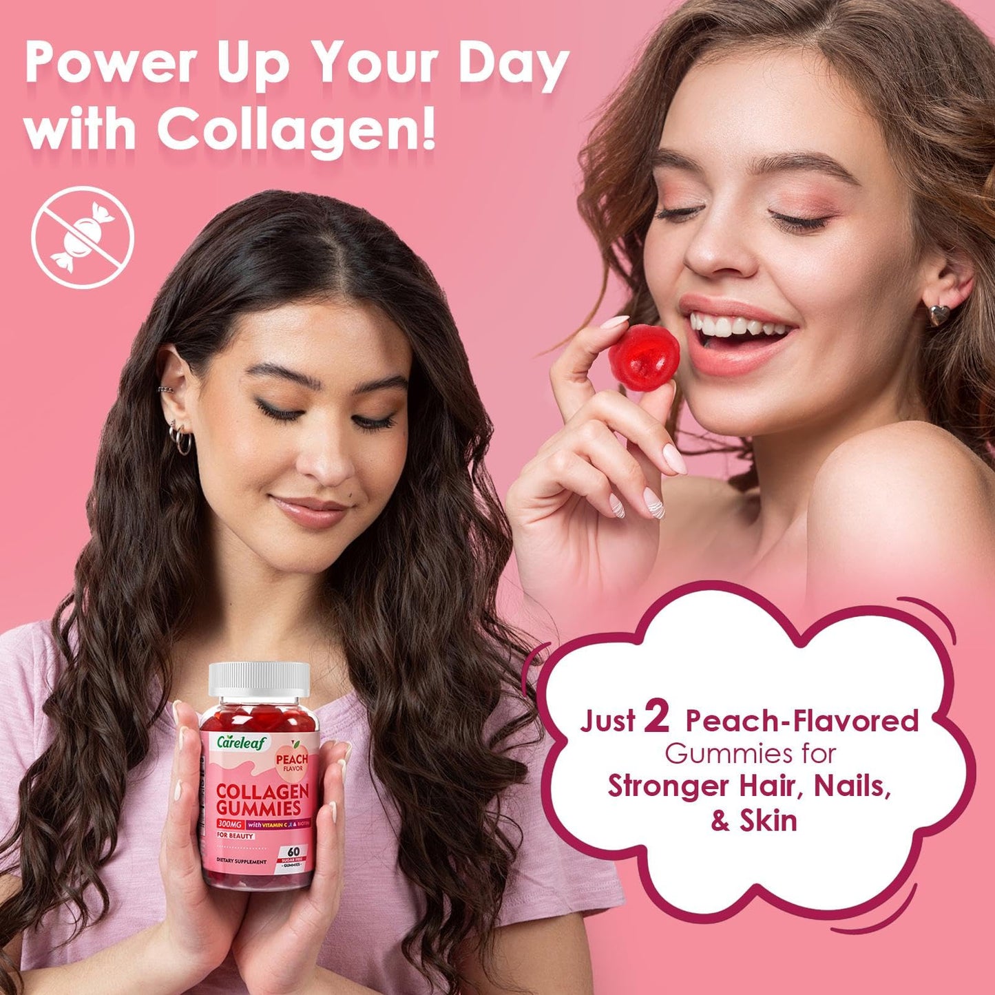 careleaf Sugar Free Collagen Gummies with Vitamin C, Vitamin E and Biotin, Natural Hydrolyzed Collagen 300mg, Peach Flavor, 60 Gummies