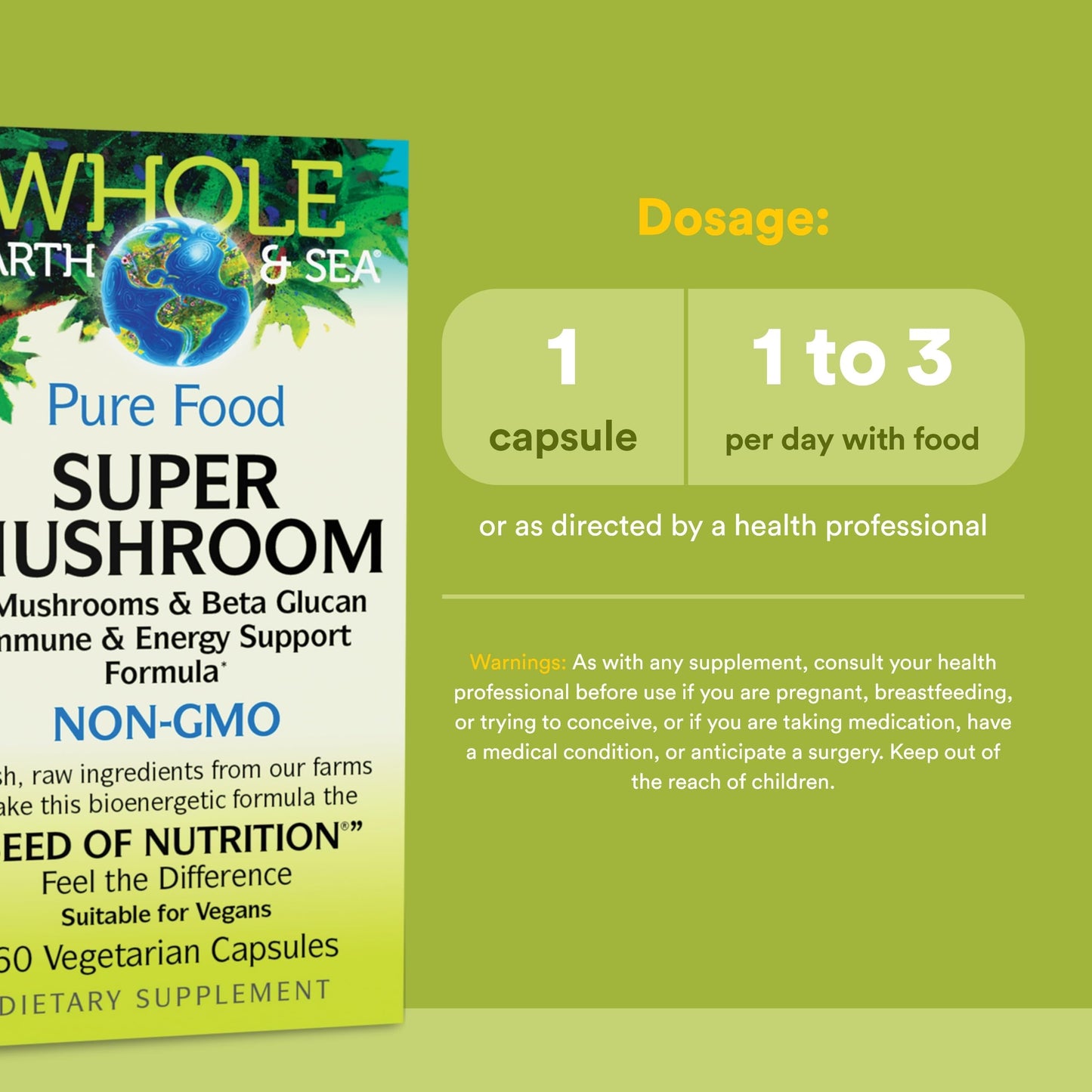 Natural Factors Whole Earth & Sea Super Mushroom Whole Food Supplement, Vegan, 60 Capsules