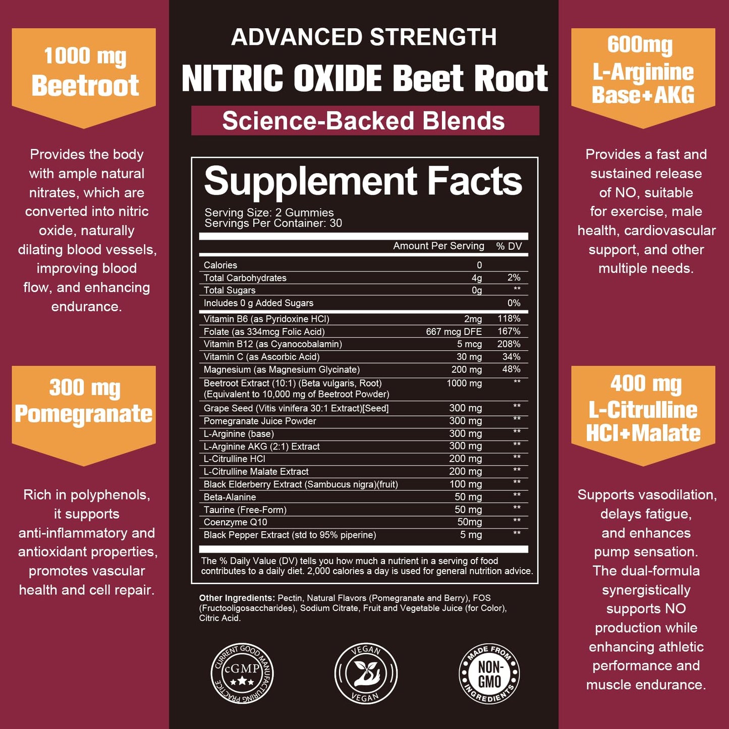 Totaria Beet Root Gummies - Blood Pressure & Cardiovascular Support, Beetroot Supplement with Grape Seed, Pomegranate - Nitric Oxide Gummies for Heart Health, Circulation, Vegan, Non-GMO, Sugar Free 60 Count
