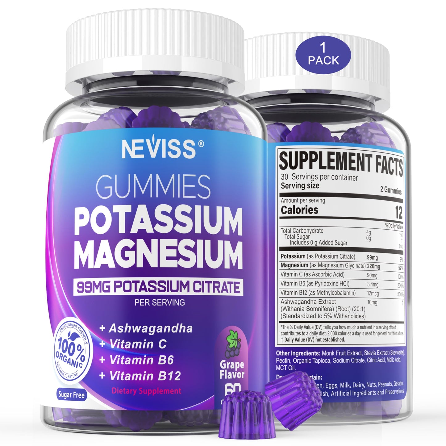 NEVISS Potassium Magnesium Gummies 60 Count