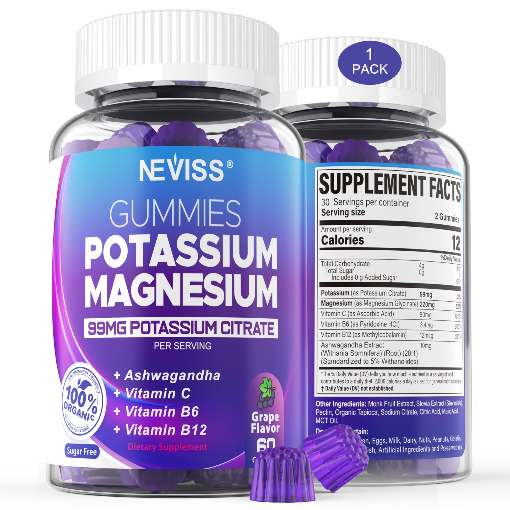 NEVISS Potassium Magnesium Gummies 60 Count