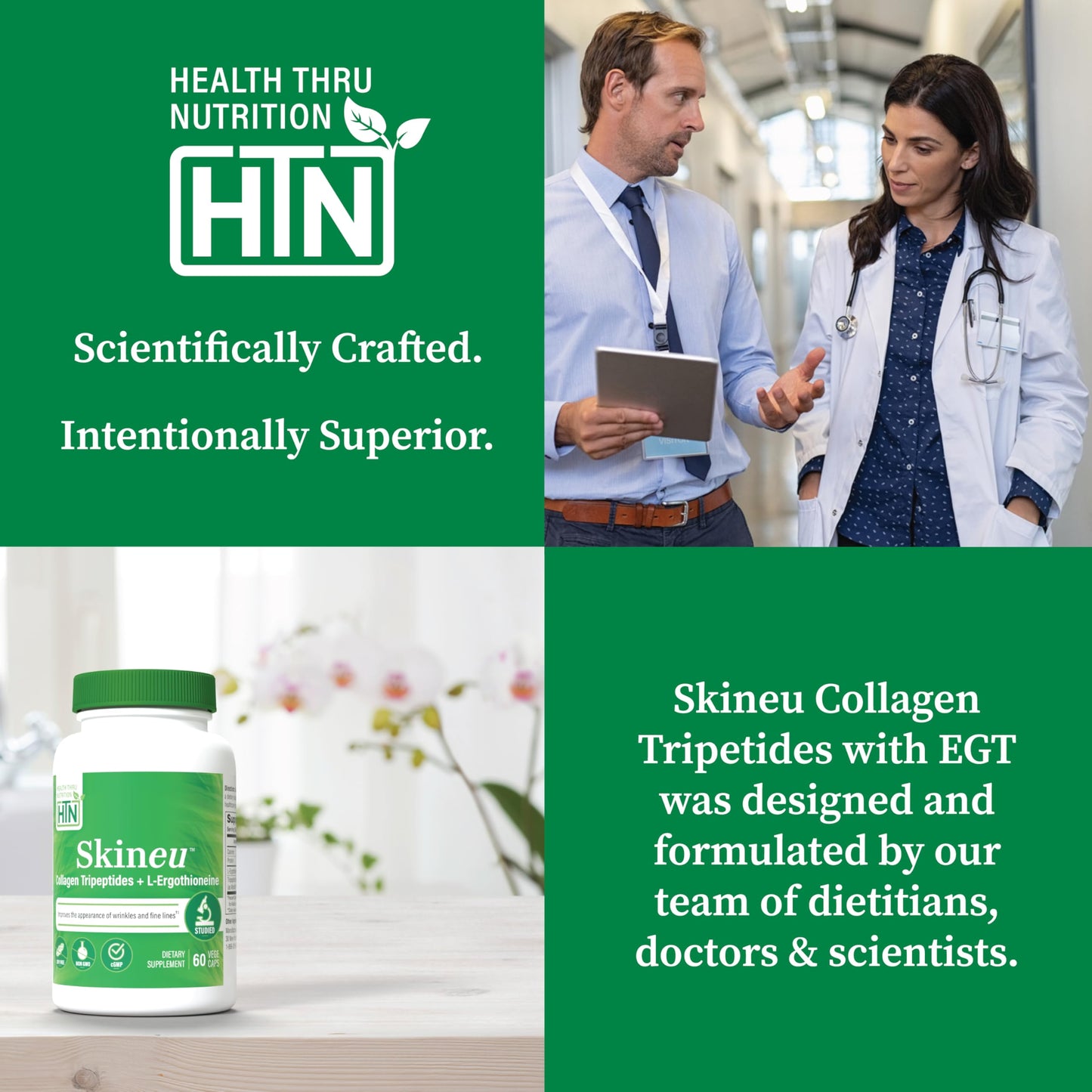 Health Thru Nutrition Skineu Collagen Tripeptide + L-Ergothioneine Morikol Marine Collagen Capsules, 60 Count