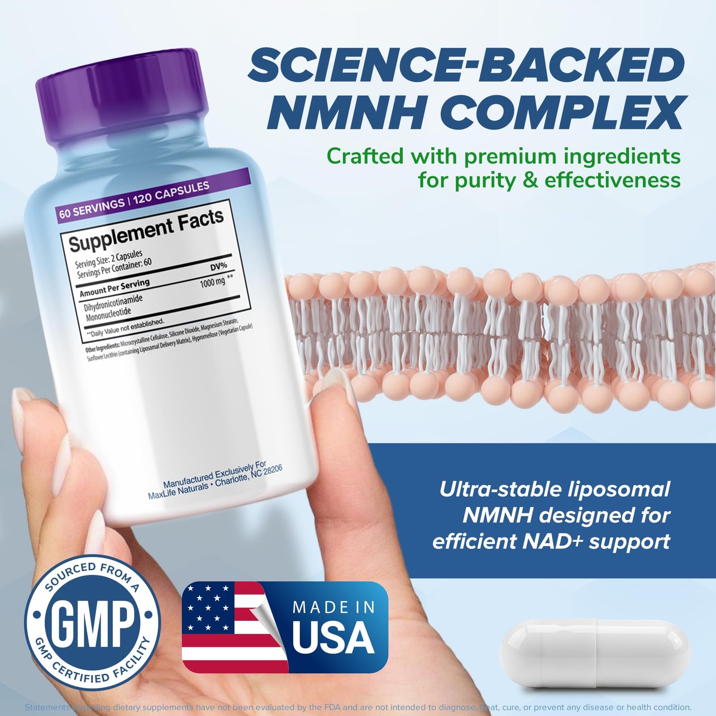MAXLIFE NATURALS NMNH Supplement 1000mg Liposomal Formula, 120 Capsules
