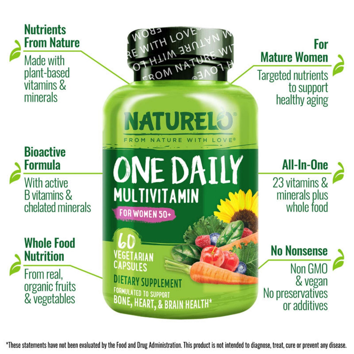 NATURELO One Daily Multivitamin for Women 50+ with Vitamin B12 Capsules, 60 Count