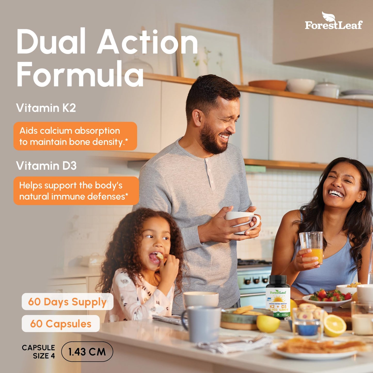ForestLeaf Vitamin D3 + K2 (MK7) Supplement Capsule, 60 Capsules