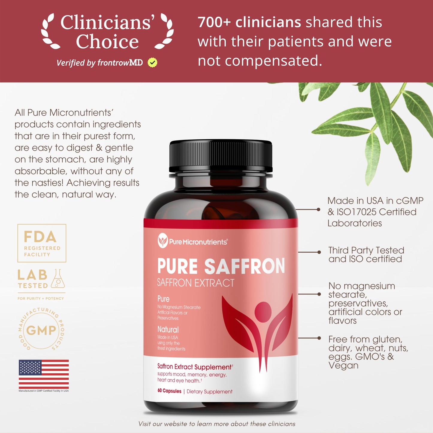 Pure Micronutrients Saffron Supplement 100% Pure Saffron Extract Mood & Energy 60 Capsules