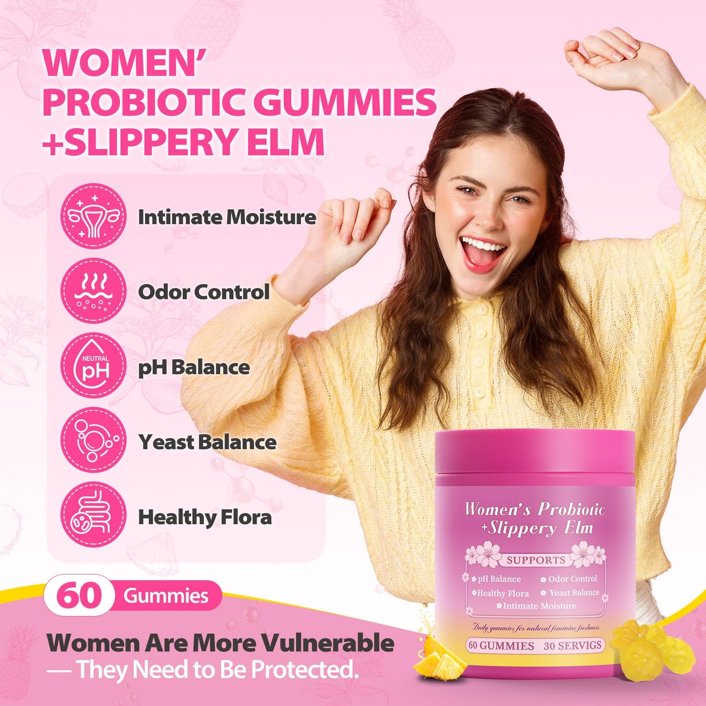 BOSNETHUINH Her Juicy Feminine Probiotic Gummies Slippery Elm for Women, 120 Gummies