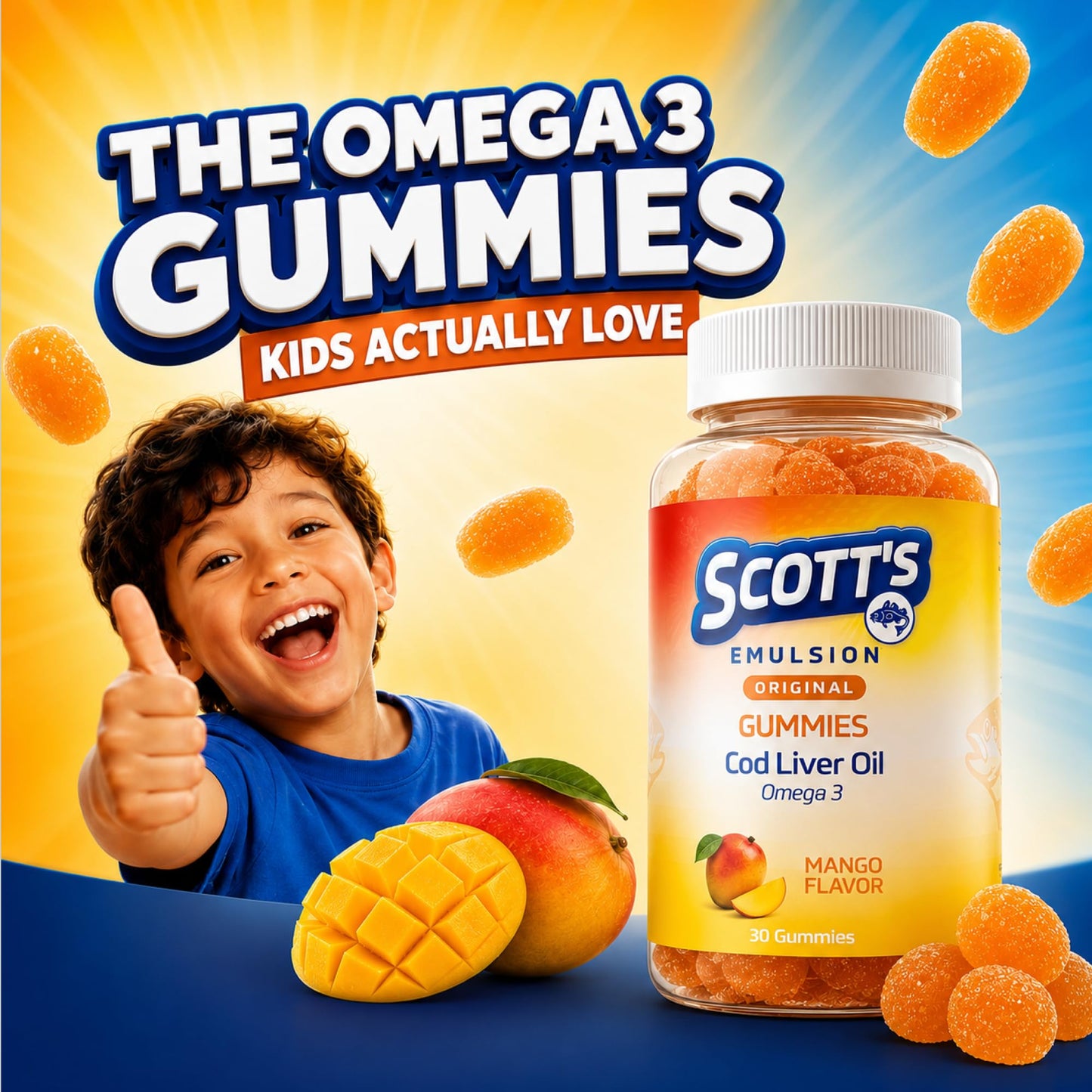 SCOTT'S EMULSION Cod Liver Oil Omega 3 Fish Oil Kids Gummies Mango 90 Count