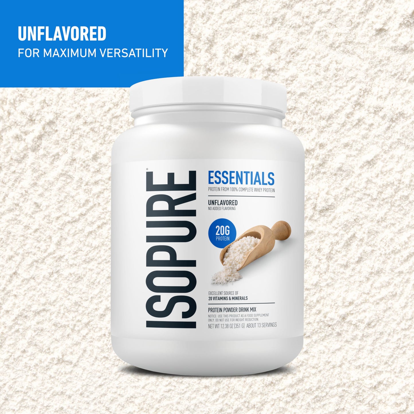Isopure Essentials 100% Whey Protein Powder, Unflavored, 12.38 oz