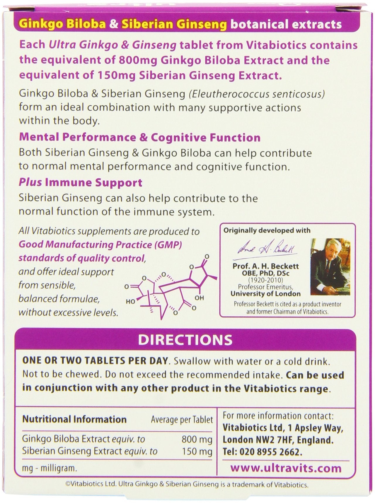 Vitabiotics Ultra Ginkgo and Ginseng Tablets, 60 Tablets