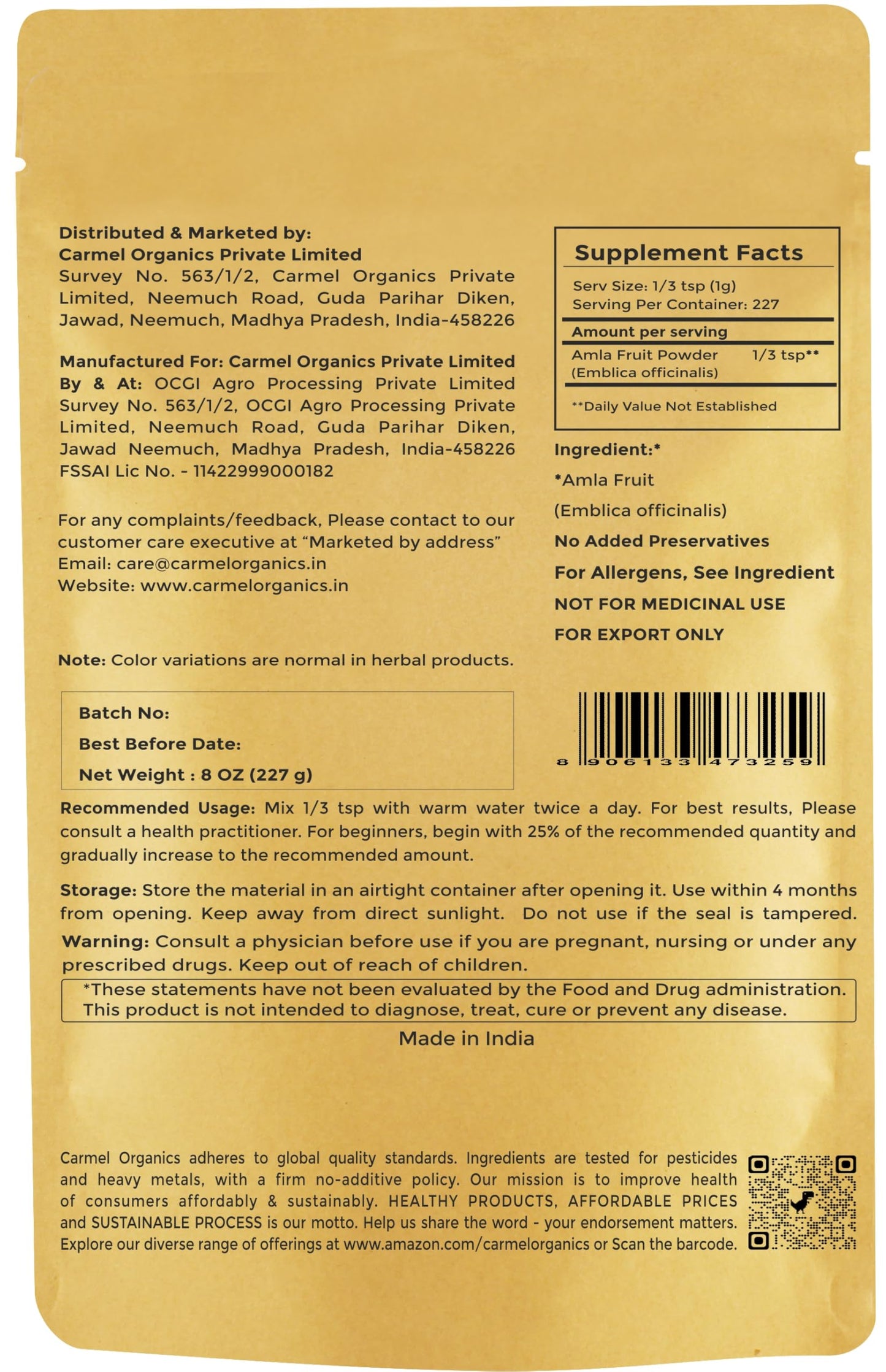 CARMEL ORGANICS Amla/Amlaki Emblica officinalis Fruit Powder, 8 Ounces