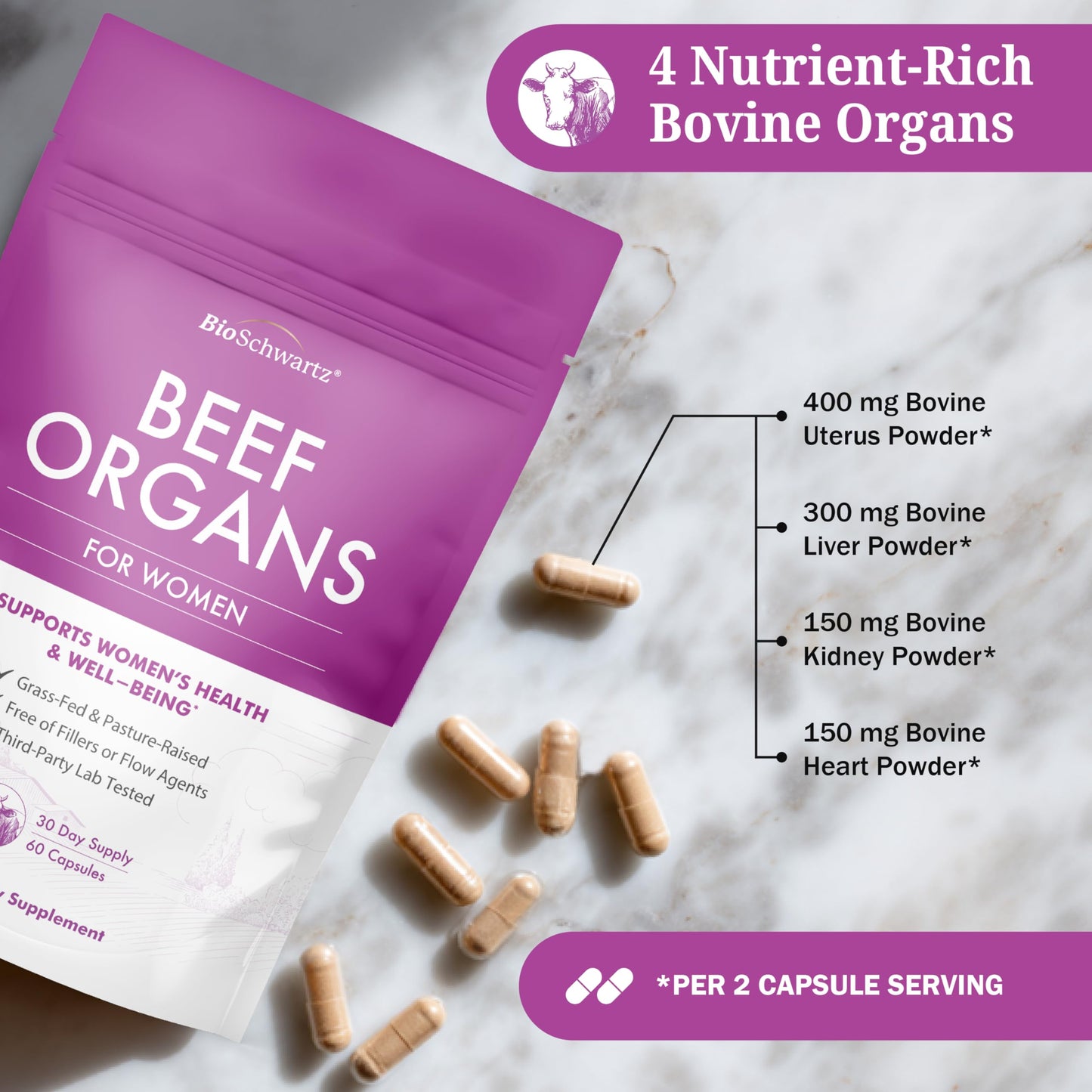 BioSchwartz Primal Beef Organ Supplement for Women, 60 Capsules